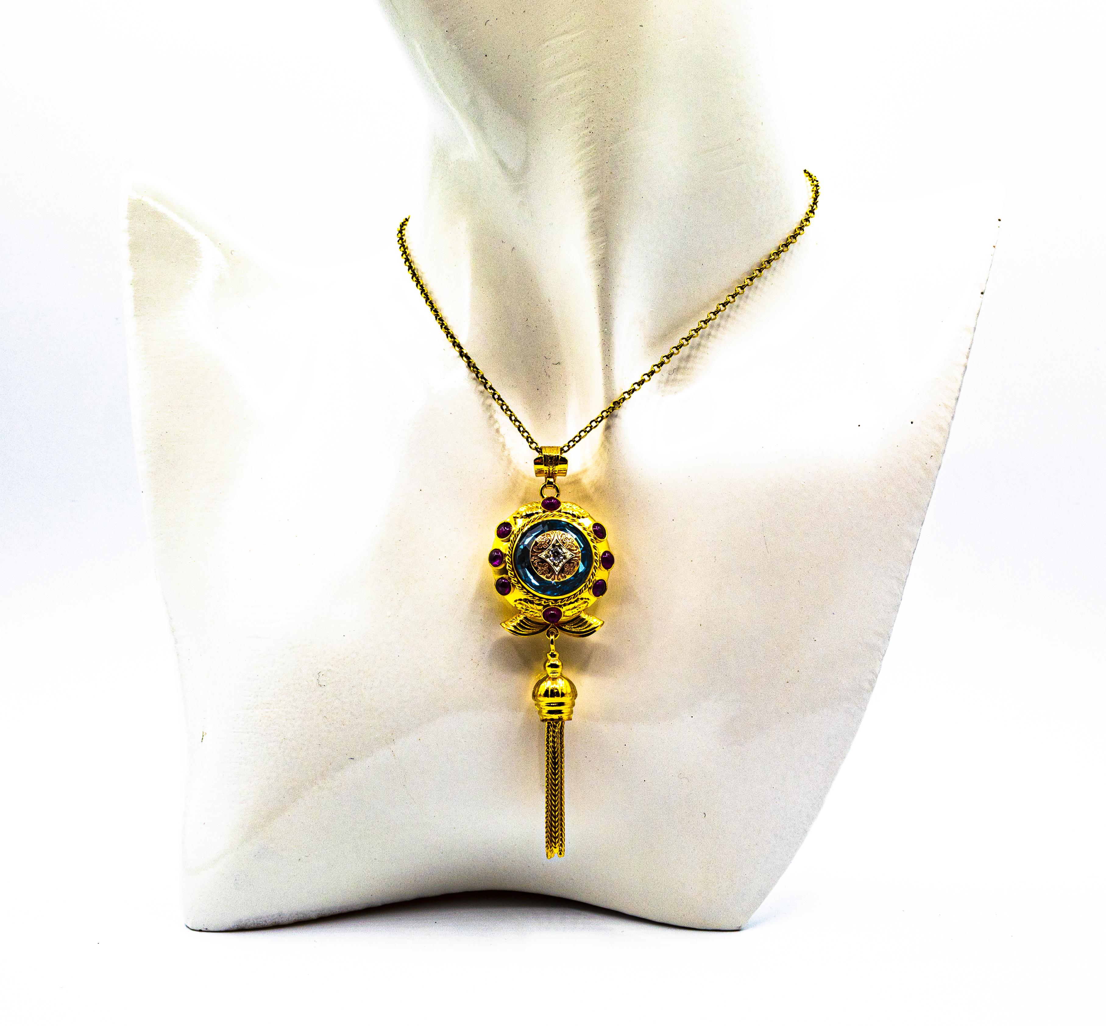 Art Deco Style White Diamond Ruby Blue Topaz Yellow Gold Pendant Necklace For Sale 2