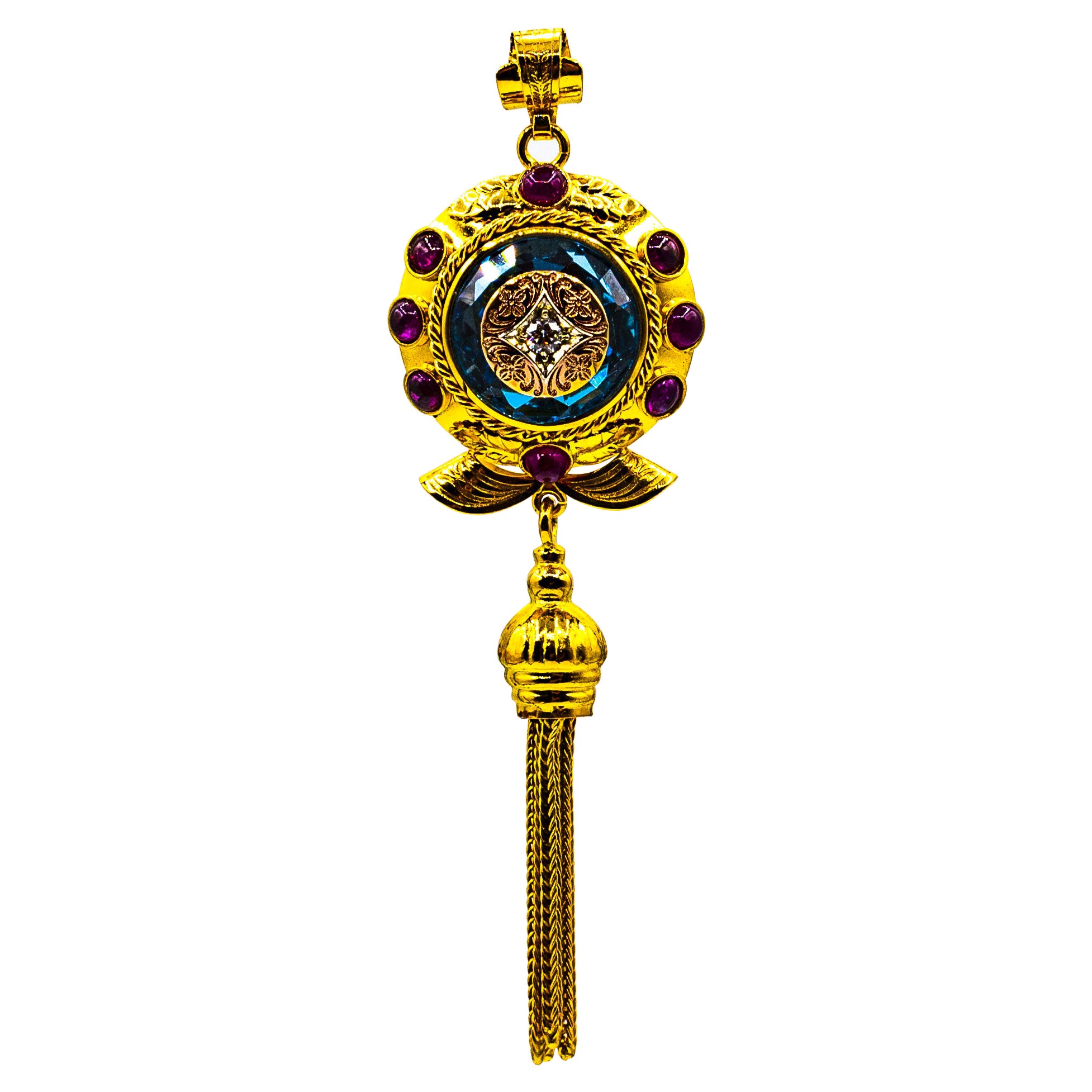 Art Deco Style White Diamond Ruby Blue Topaz Yellow Gold Pendant Necklace