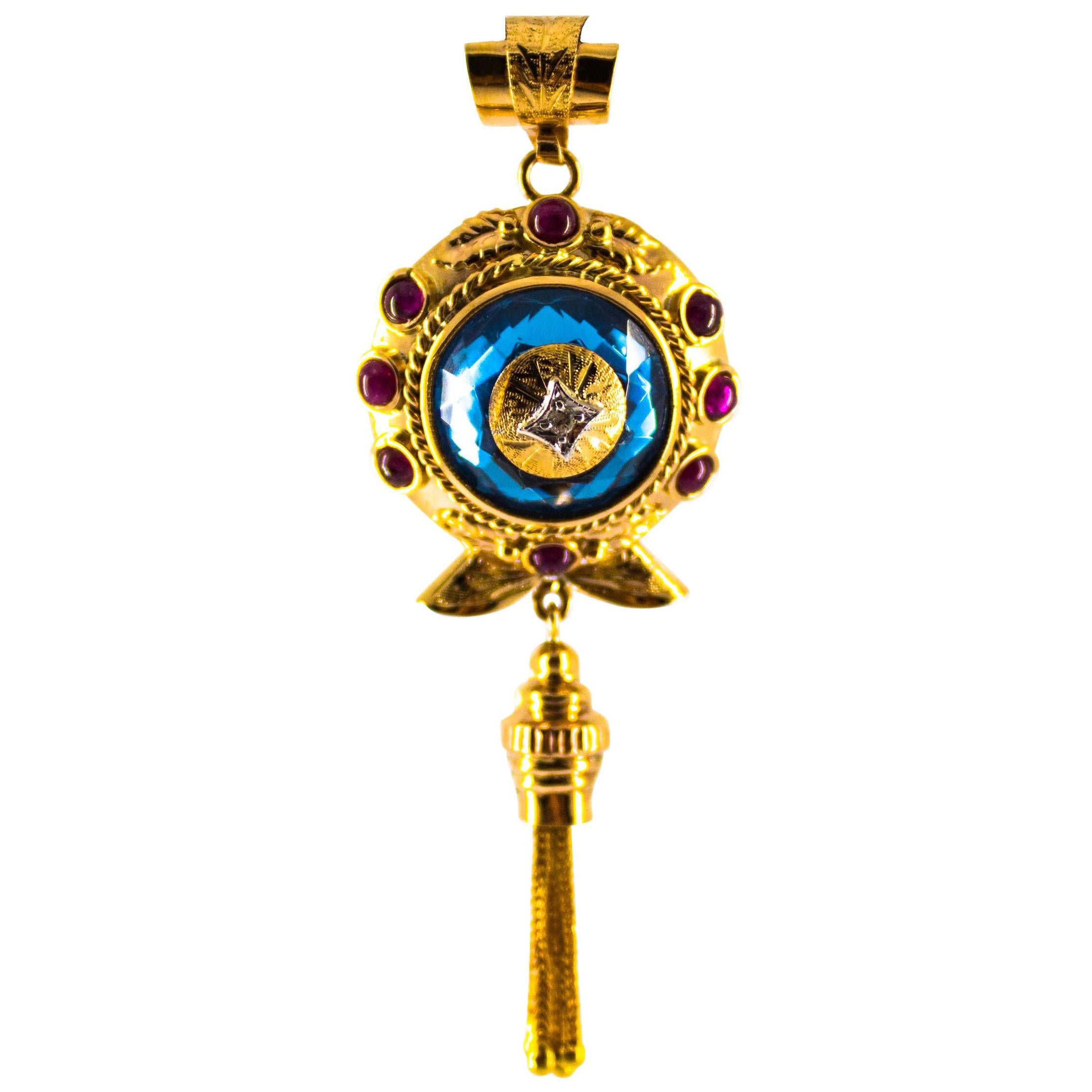 Art Deco Style White Diamond Ruby Blue Topaz Yellow Gold Pendant Necklace