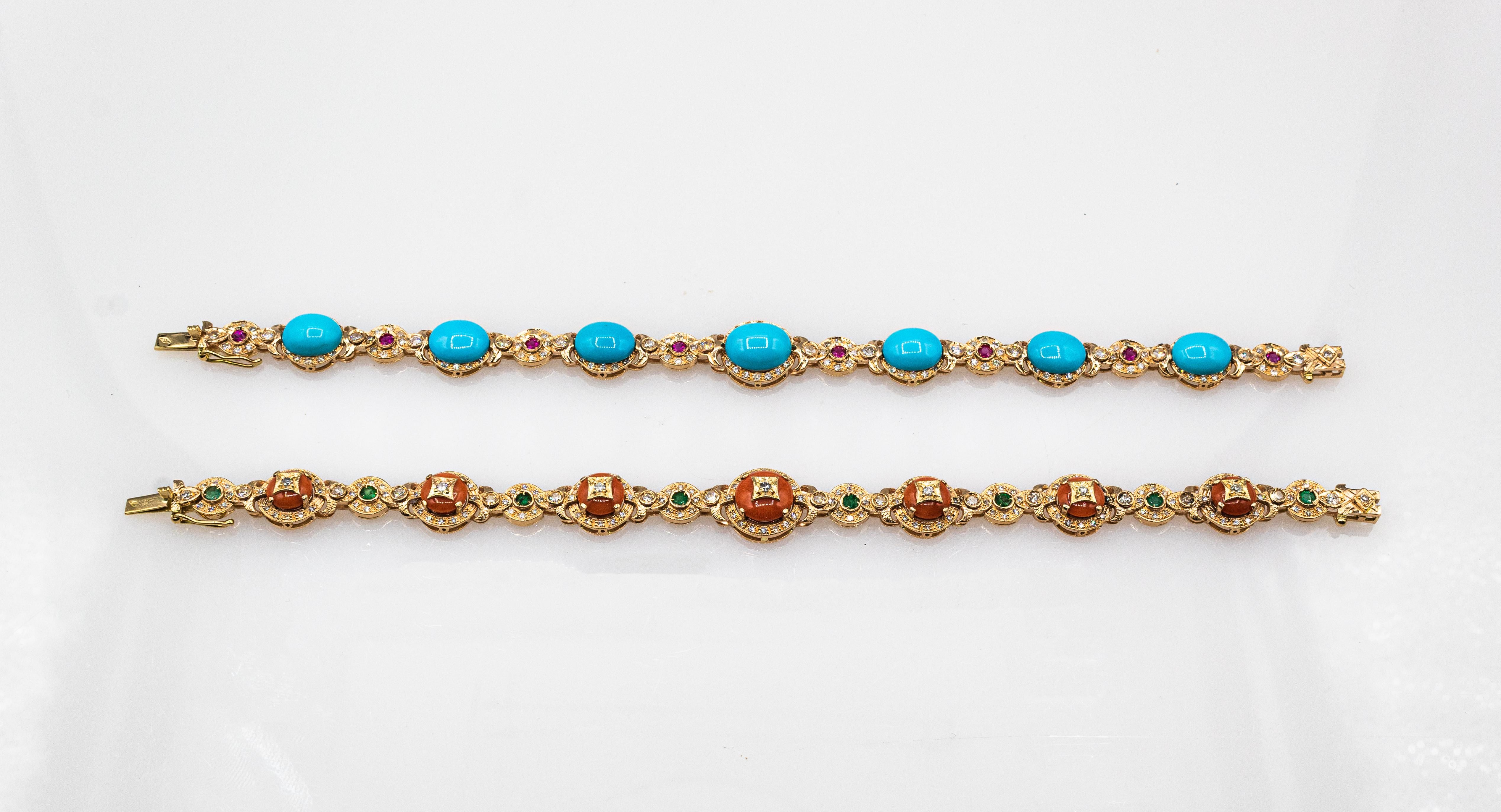 Art Deco Style White Diamond Ruby Cabochon Cut Turquoise Yellow Gold Bracelet For Sale 5