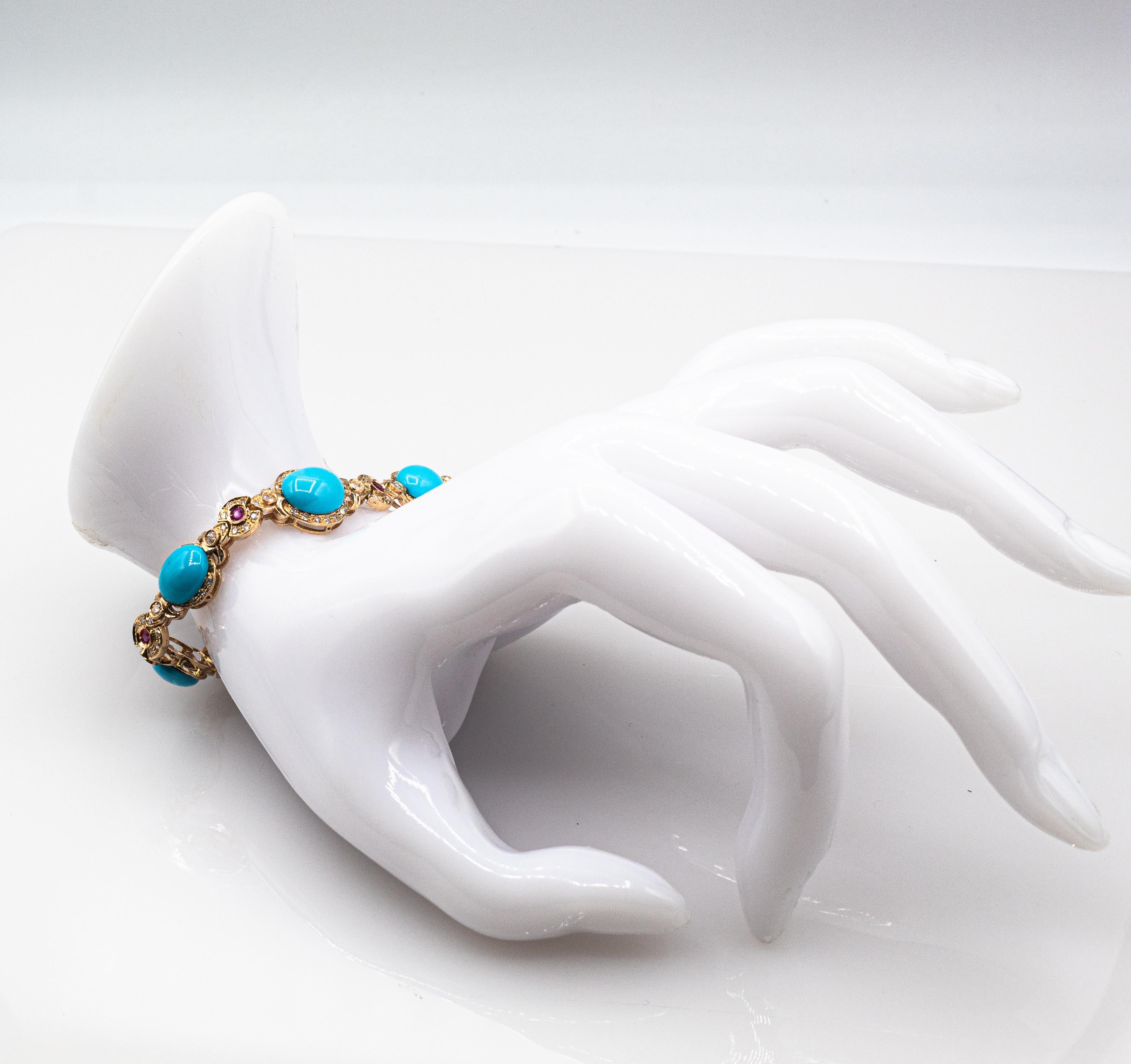 Bracelet en or jaune de style Art déco avec diamants blancs, rubis et turquoises cabochons en vente 6