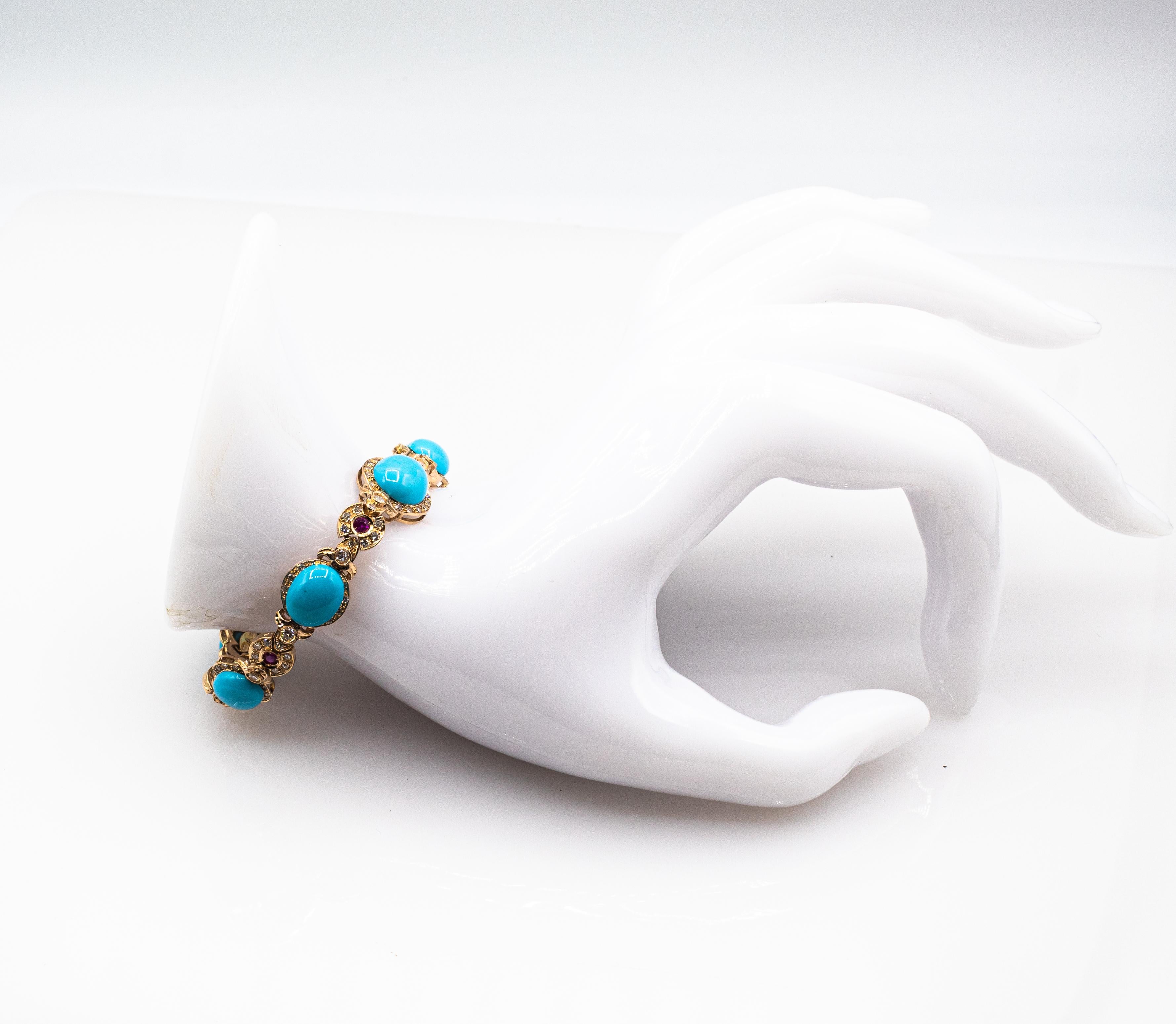Bracelet en or jaune de style Art déco avec diamants blancs, rubis et turquoises cabochons en vente 7