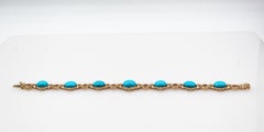 Art Deco Style White Diamond Ruby Cabochon Cut Turquoise Yellow Gold Bracelet