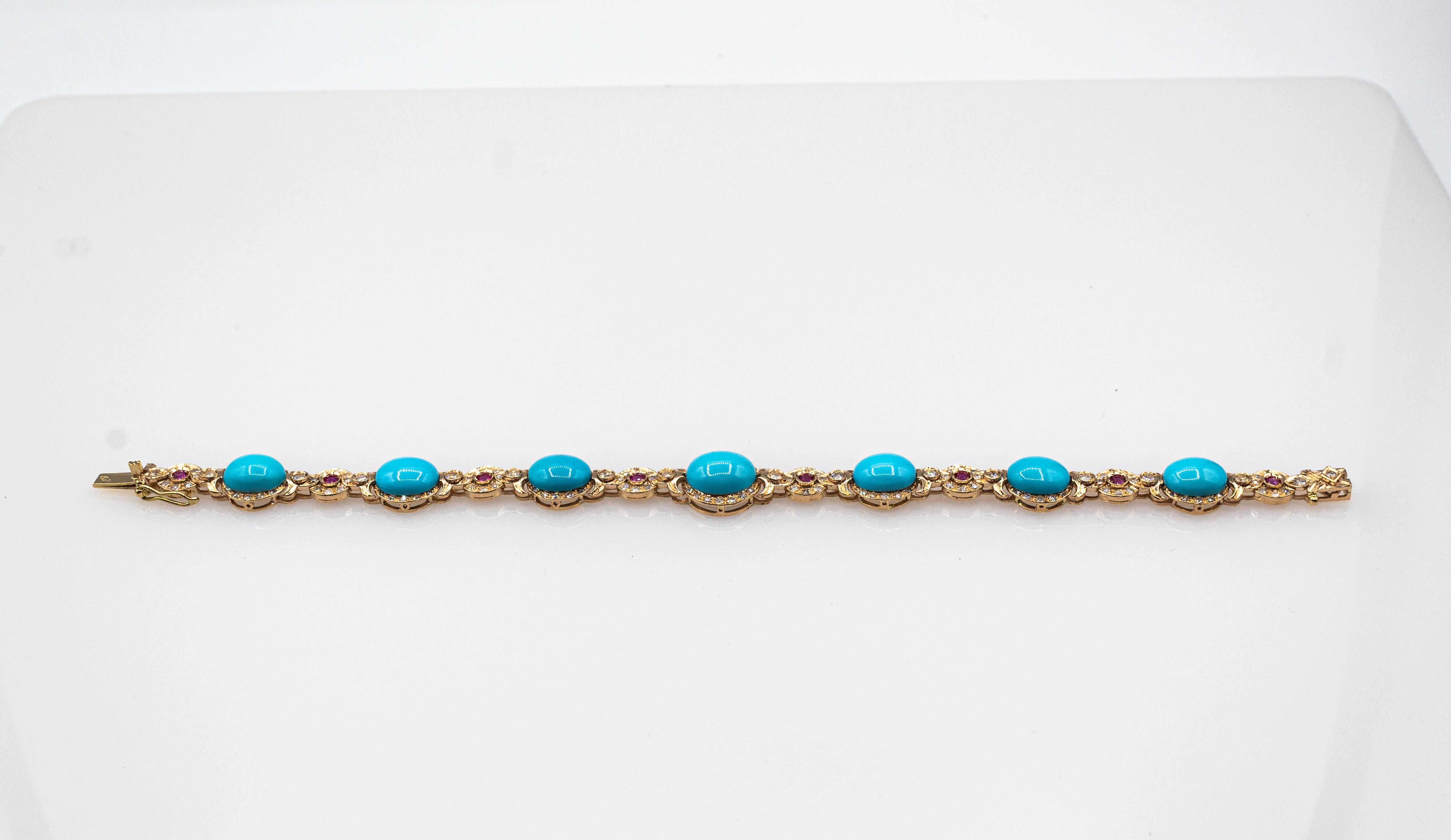 Brilliant Cut Art Deco Style White Diamond Ruby Cabochon Cut Turquoise Yellow Gold Bracelet For Sale