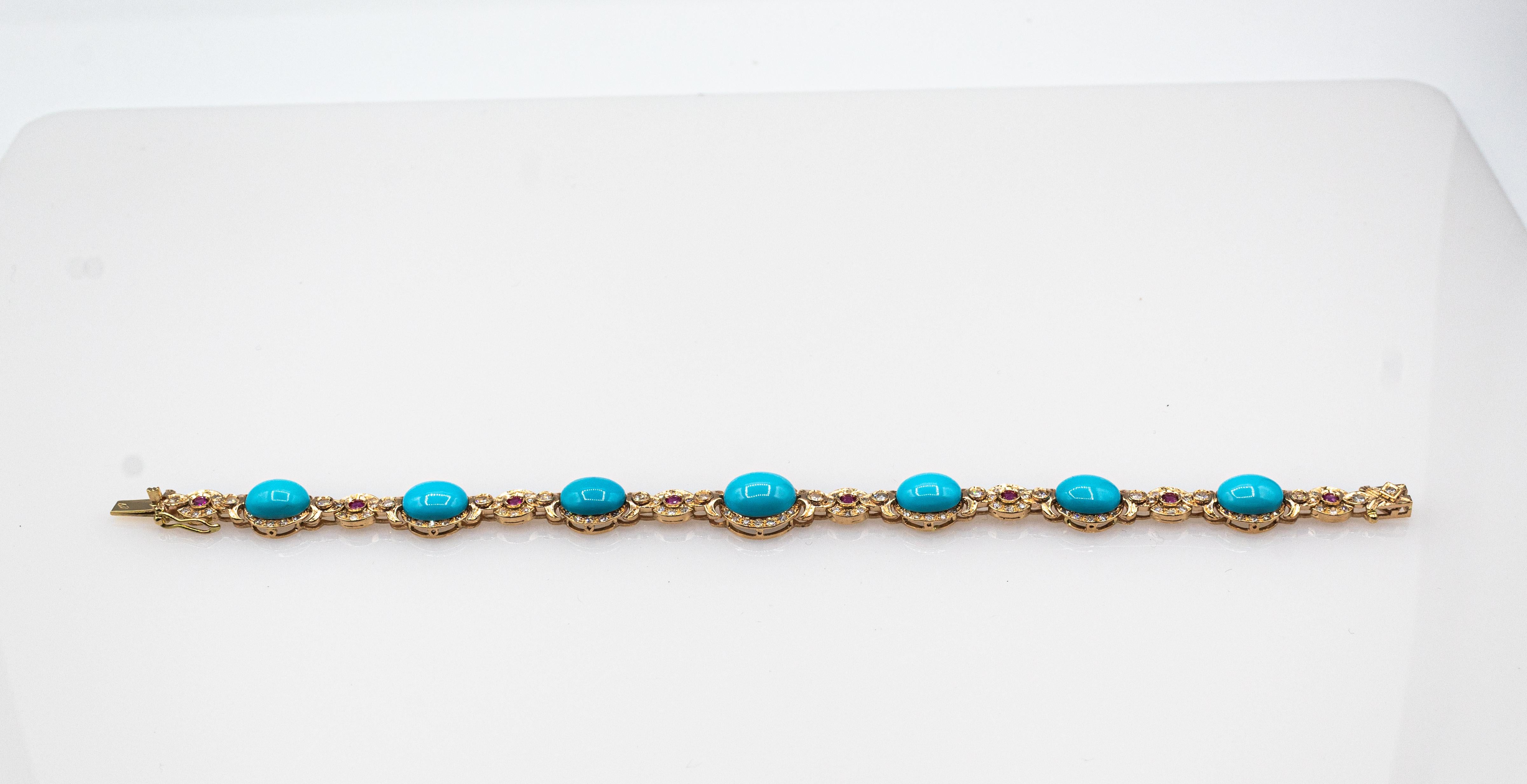 Art Deco Style White Diamond Ruby Cabochon Cut Turquoise Yellow Gold Bracelet In New Condition For Sale In Naples, IT