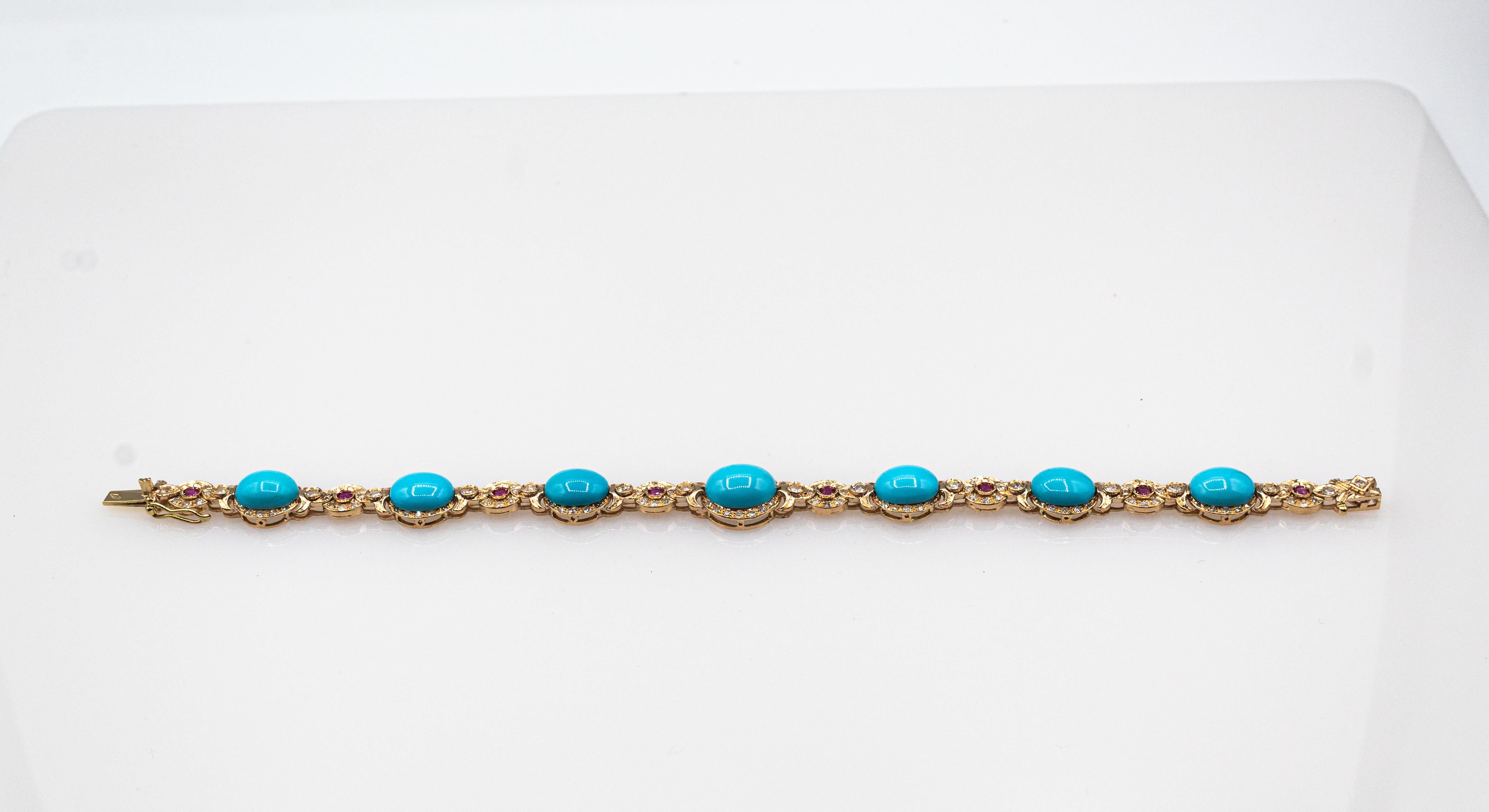 Women's or Men's Art Deco Style White Diamond Ruby Cabochon Cut Turquoise Yellow Gold Bracelet For Sale