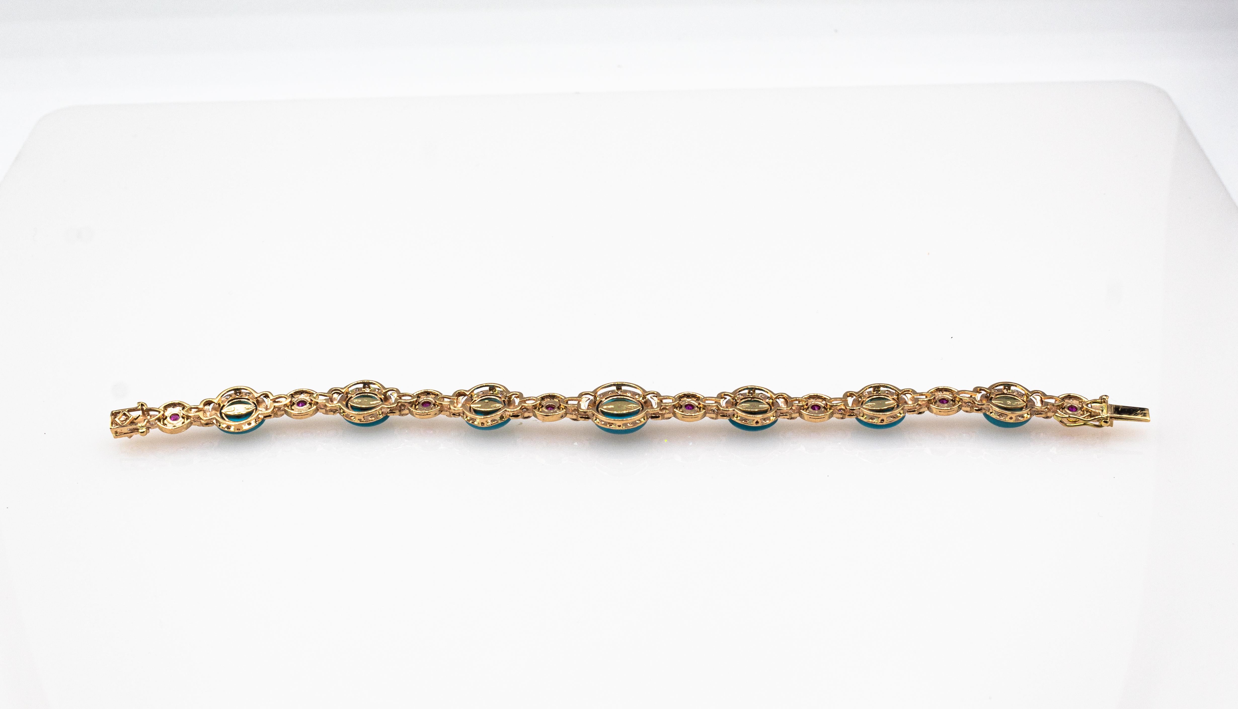 Bracelet en or jaune de style Art déco avec diamants blancs, rubis et turquoises cabochons en vente 1