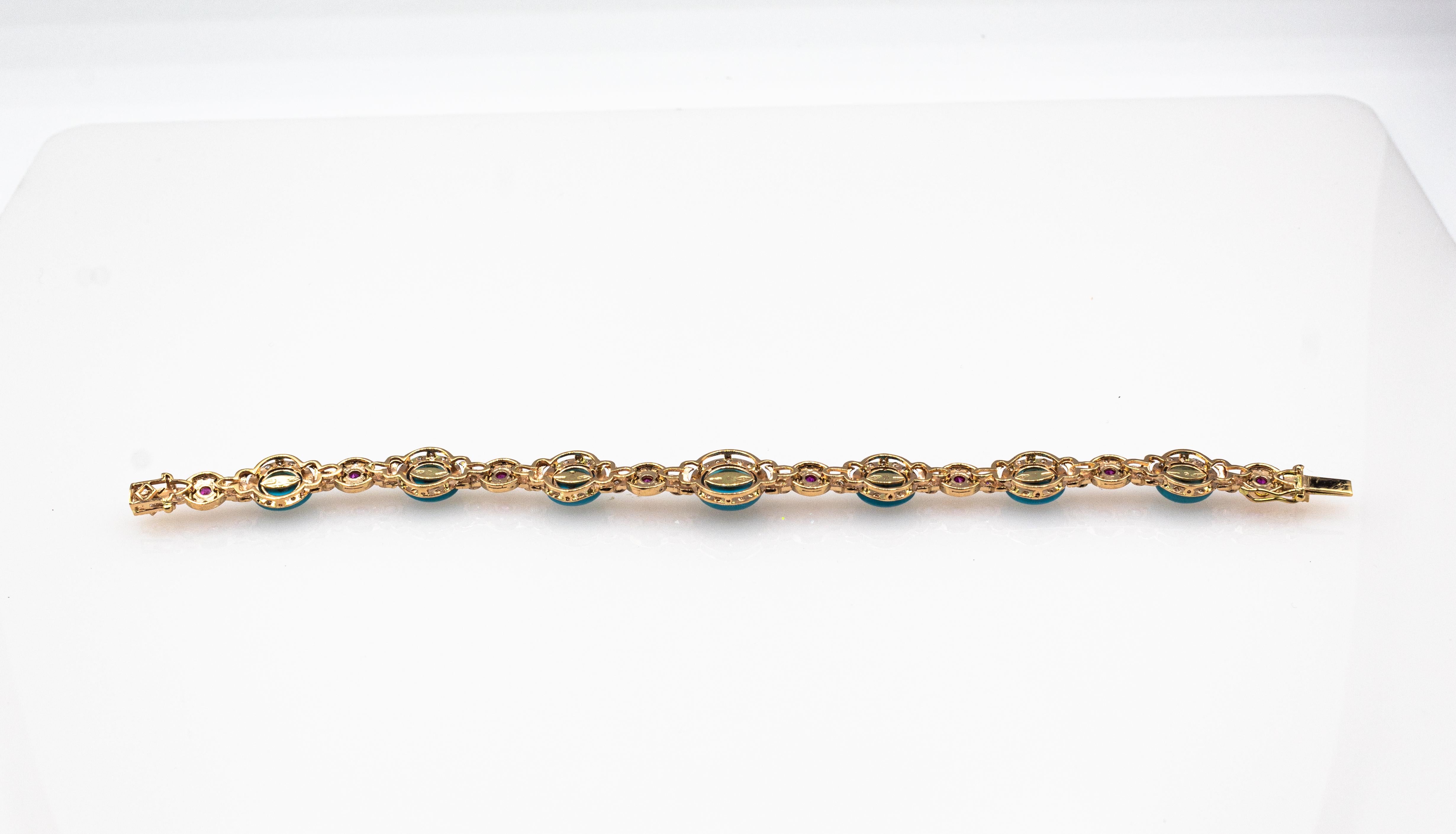 Art Deco Style White Diamond Ruby Cabochon Cut Turquoise Yellow Gold Bracelet For Sale 1
