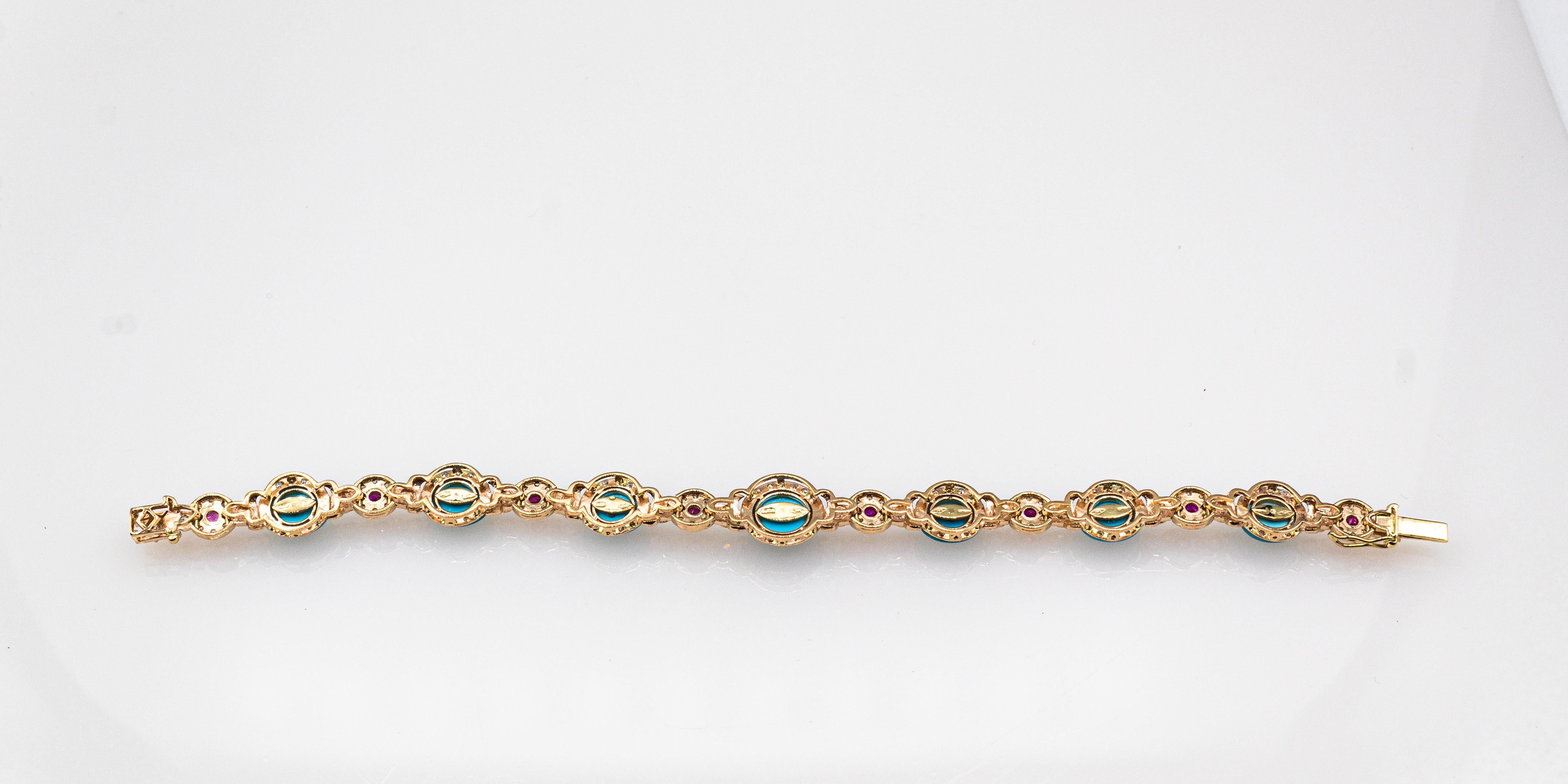 Art Deco Style White Diamond Ruby Cabochon Cut Turquoise Yellow Gold Bracelet For Sale 2