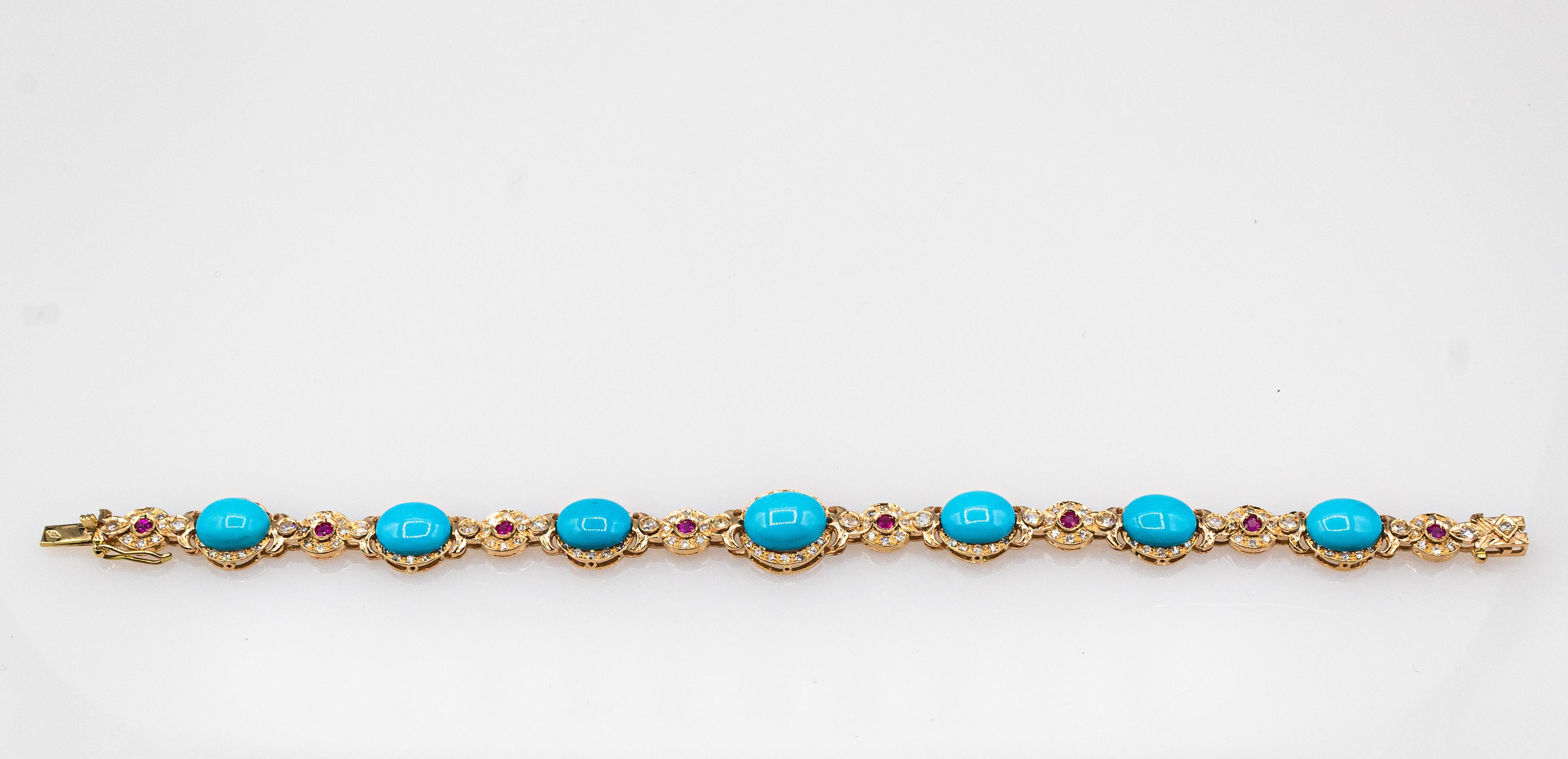 Art Deco Style White Diamond Ruby Cabochon Cut Turquoise Yellow Gold Bracelet For Sale 3