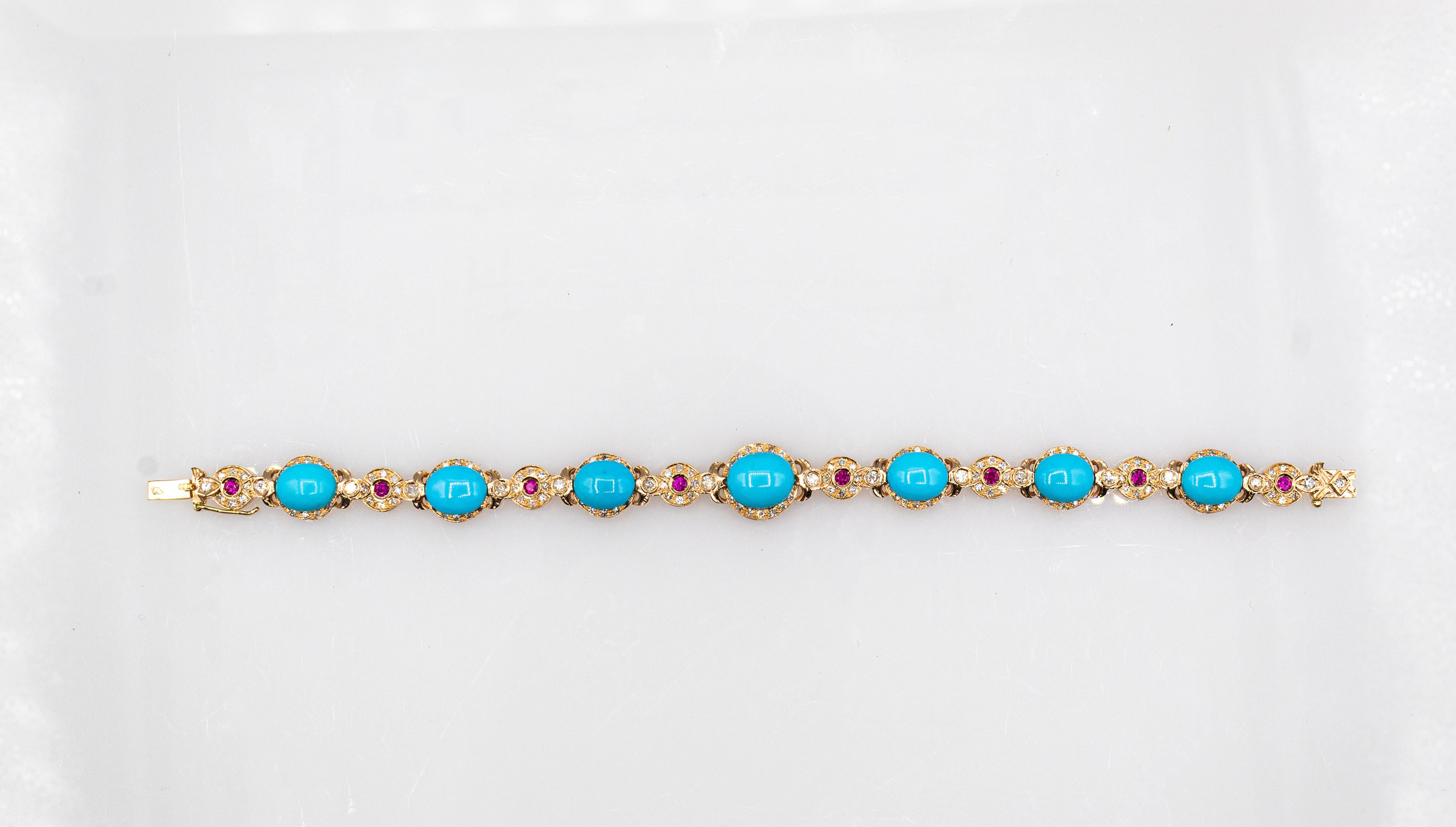 Art Deco Style White Diamond Ruby Cabochon Cut Turquoise Yellow Gold Bracelet For Sale 4
