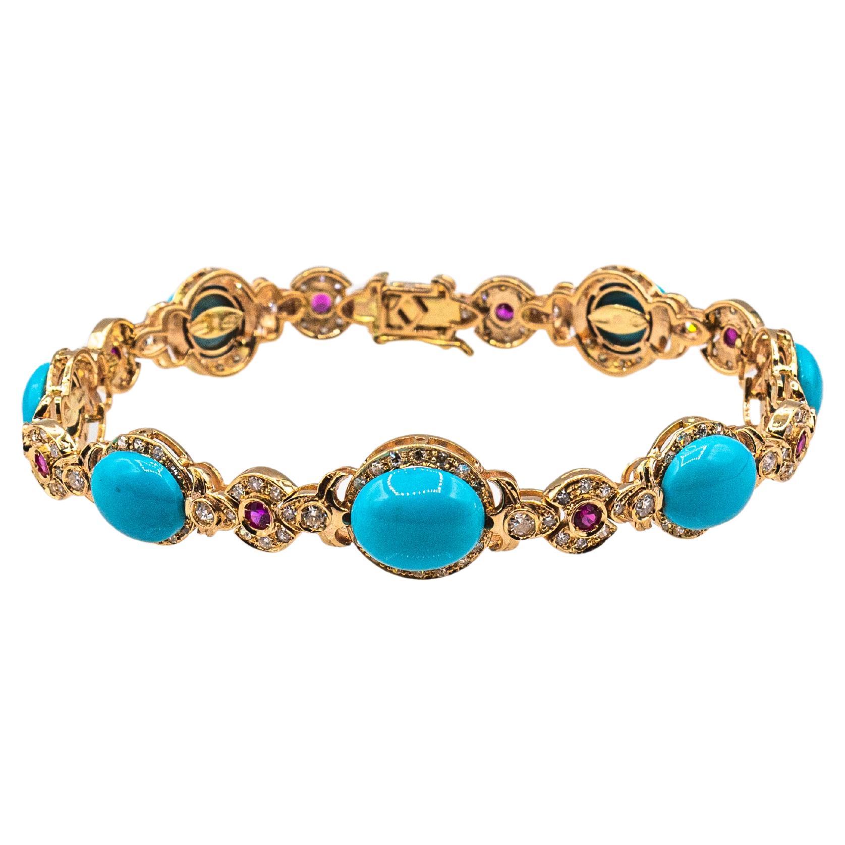 Bracelet en or jaune de style Art déco avec diamants blancs, rubis et turquoises cabochons