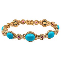 Pulsera de Oro Amarillo Estilo Art Decó Diamante Blanco Rubí Corte Cabujón Turquesa