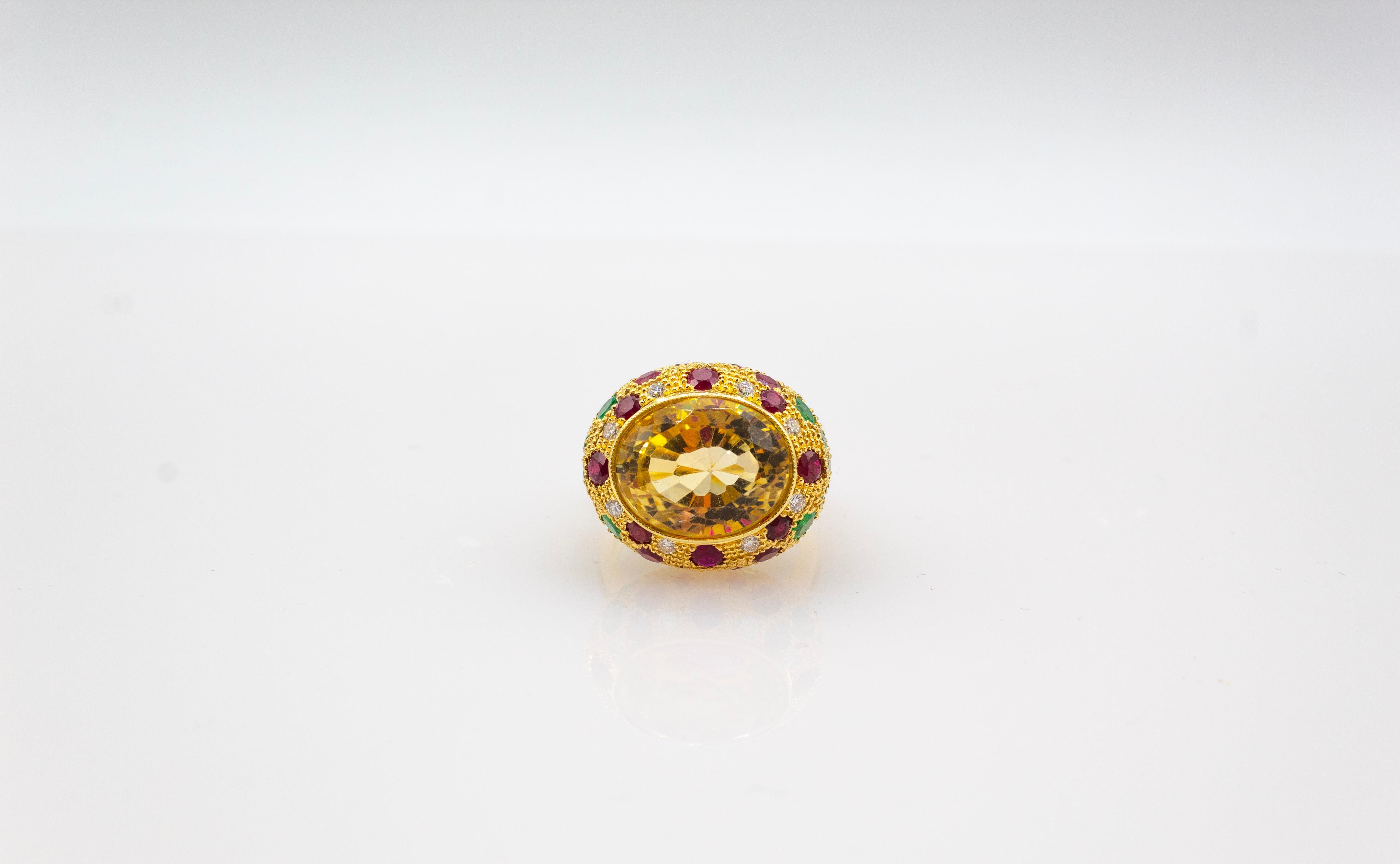Anillo de Cóctel de Oro Amarillo Estilo Art Decó Diamante Blanco Rubí Esmeralda Citrino Corte brillante en venta
