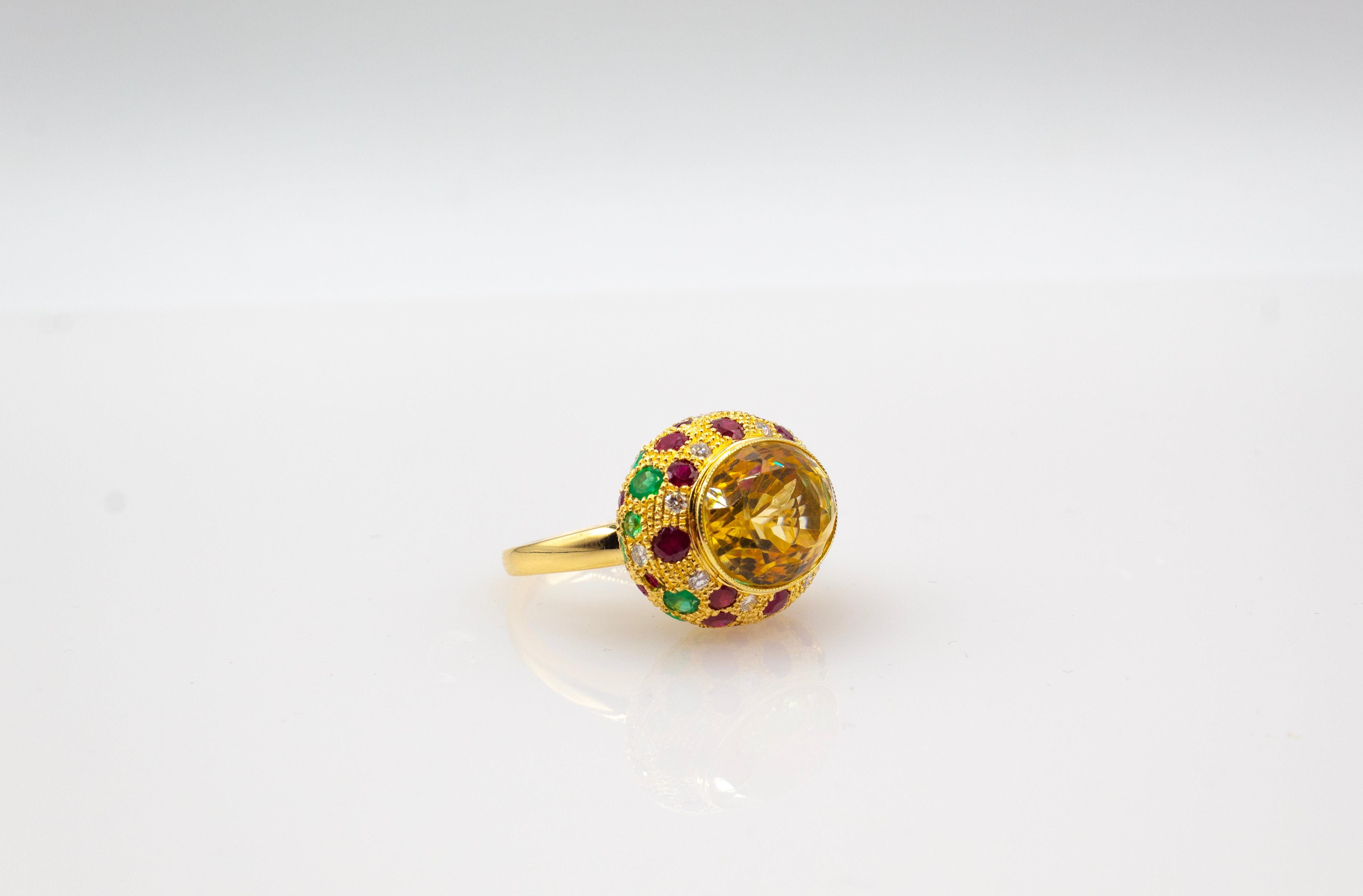 Art Deco Style White Diamond Ruby Emerald Citrine Yellow Gold Cocktail Ring In New Condition For Sale In Naples, IT