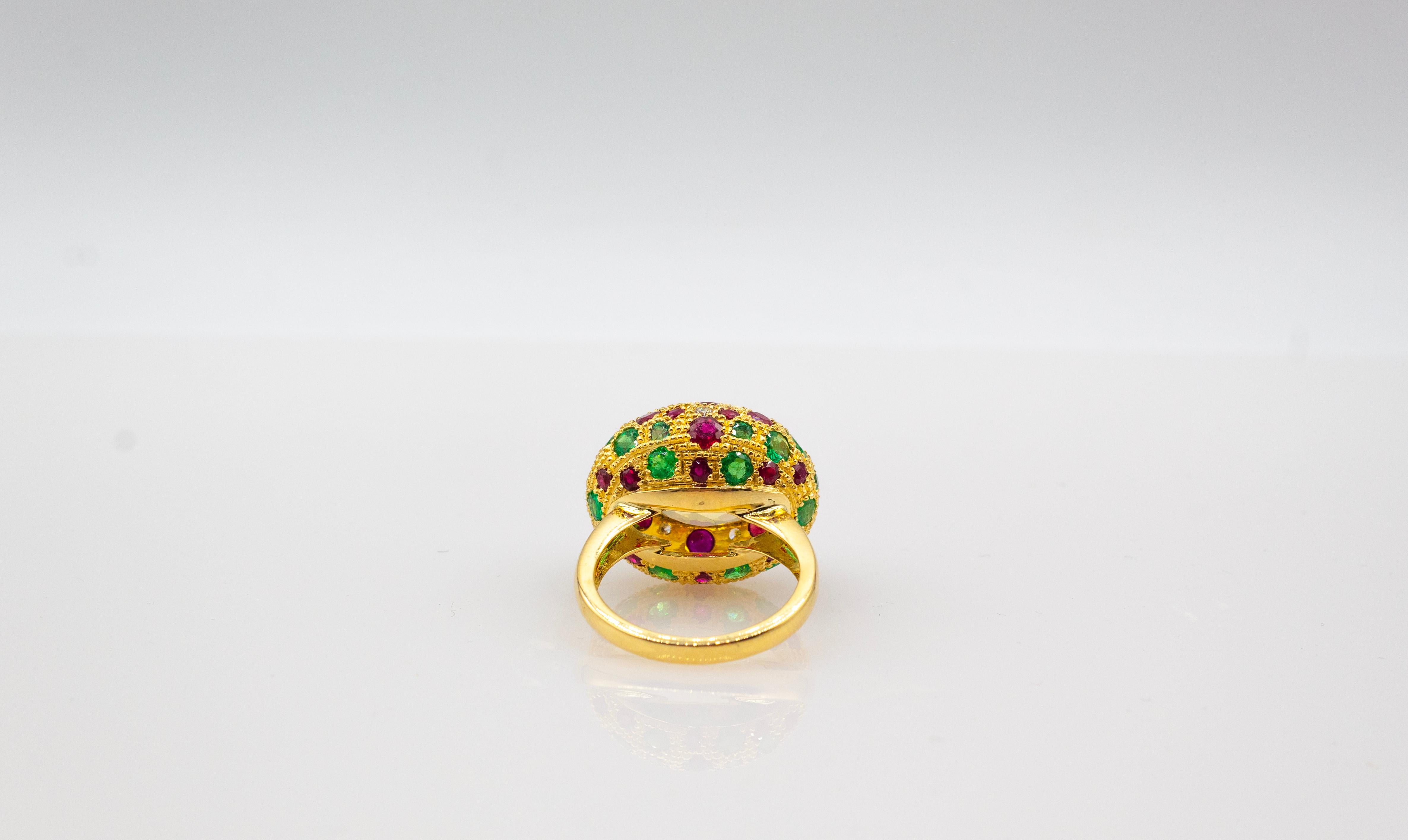 Women's or Men's Art Deco Style White Diamond Ruby Emerald Citrine Yellow Gold Cocktail Ring For Sale