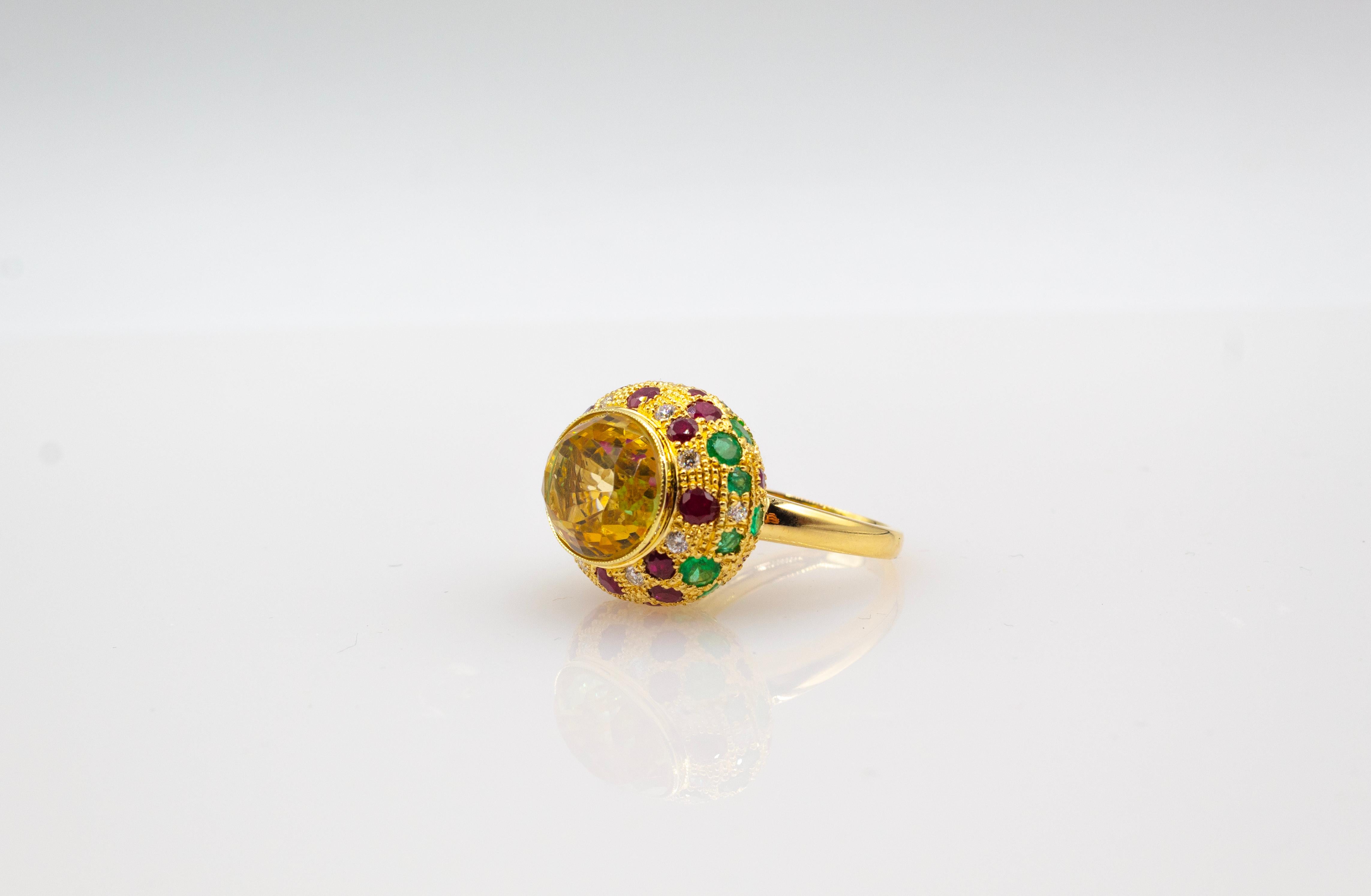 Art Deco Style White Diamond Ruby Emerald Citrine Yellow Gold Cocktail Ring For Sale 1