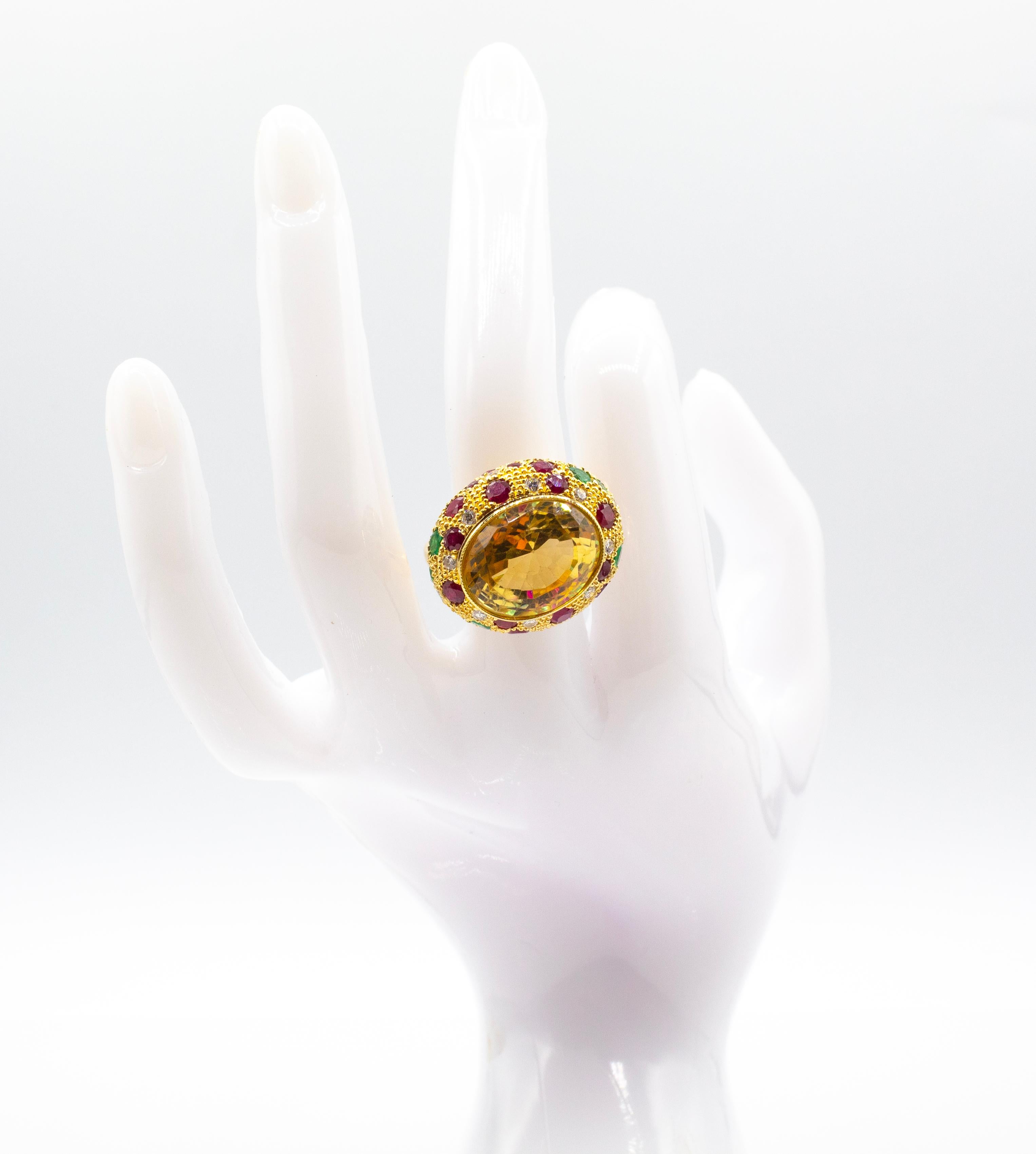 Art Deco Style White Diamond Ruby Emerald Citrine Yellow Gold Cocktail Ring For Sale 2
