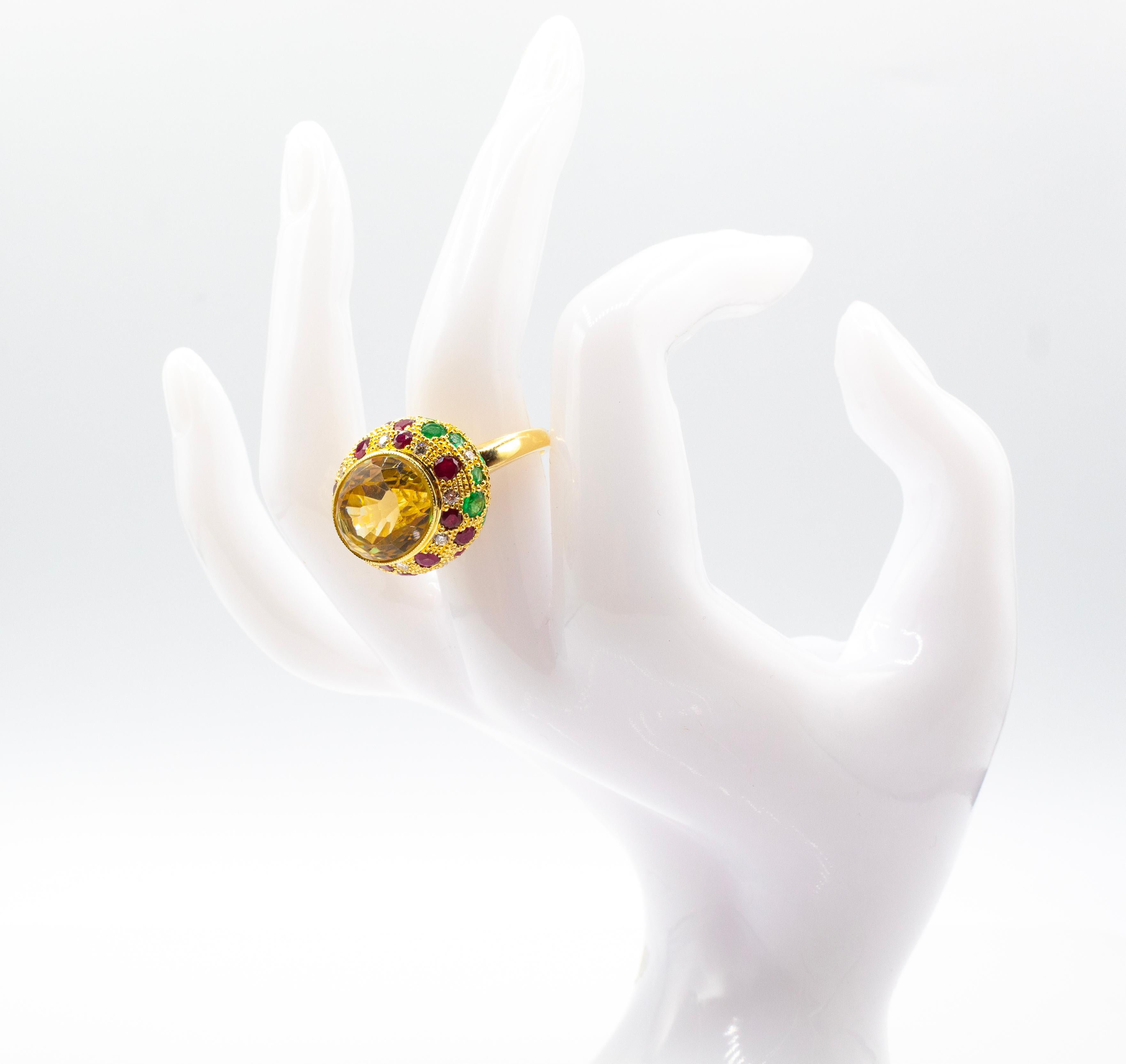 Art Deco Style White Diamond Ruby Emerald Citrine Yellow Gold Cocktail Ring For Sale 3