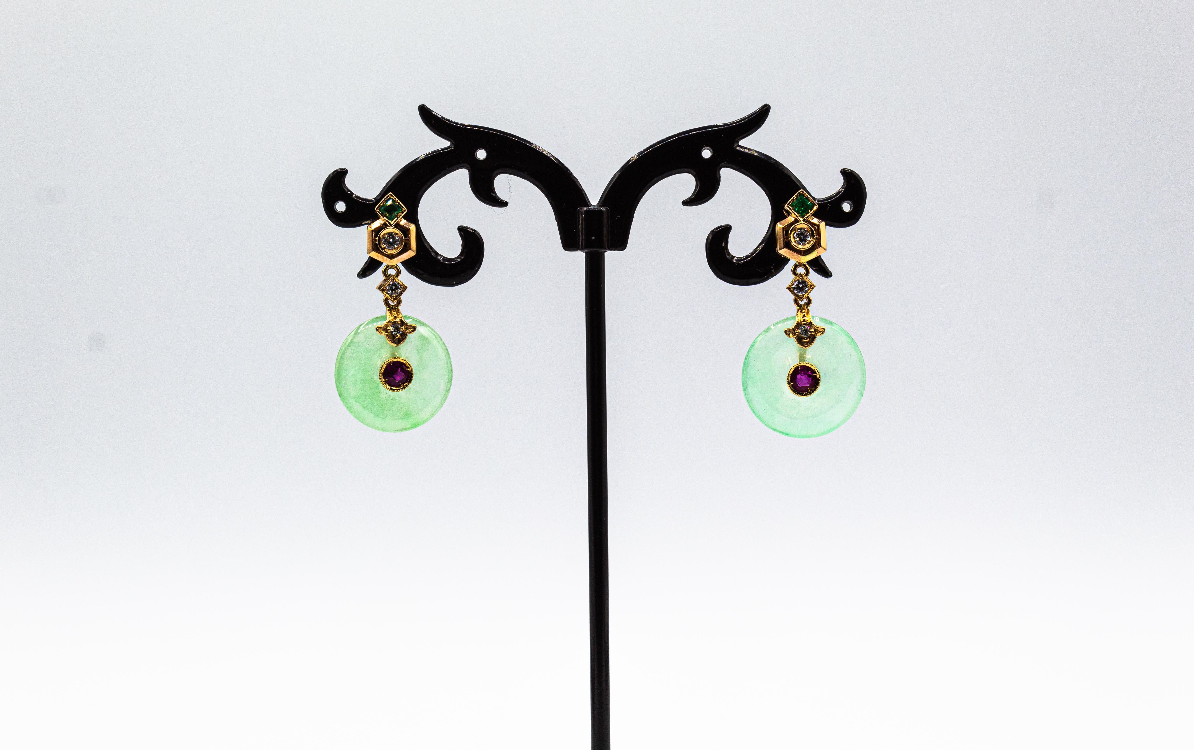 Brilliant Cut Art Deco Style White Diamond Ruby Emerald Jade Yellow Gold Dangle Stud Earrings For Sale