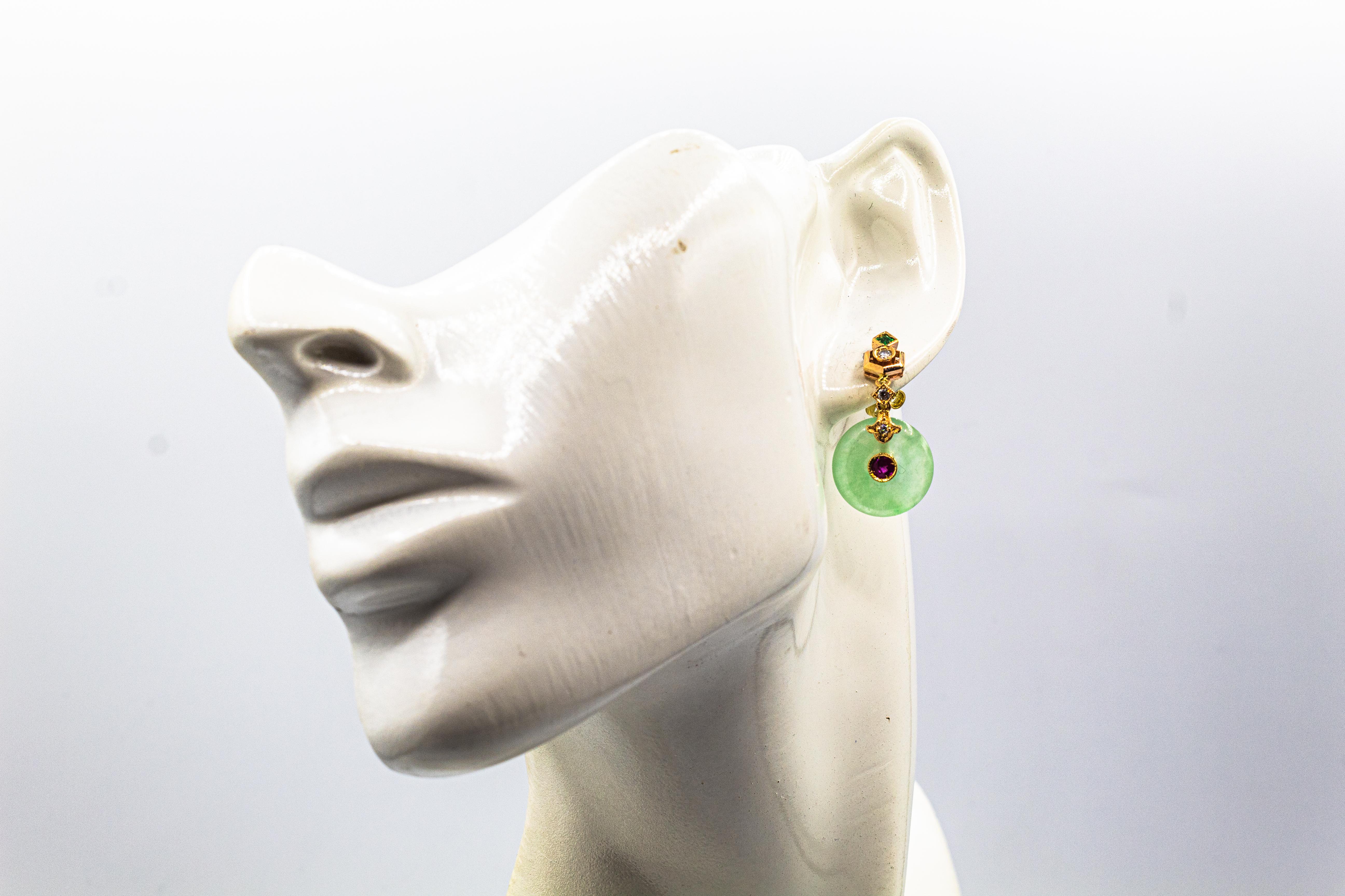 Art Deco Style White Diamond Ruby Emerald Jade Yellow Gold Dangle Stud Earrings For Sale 2