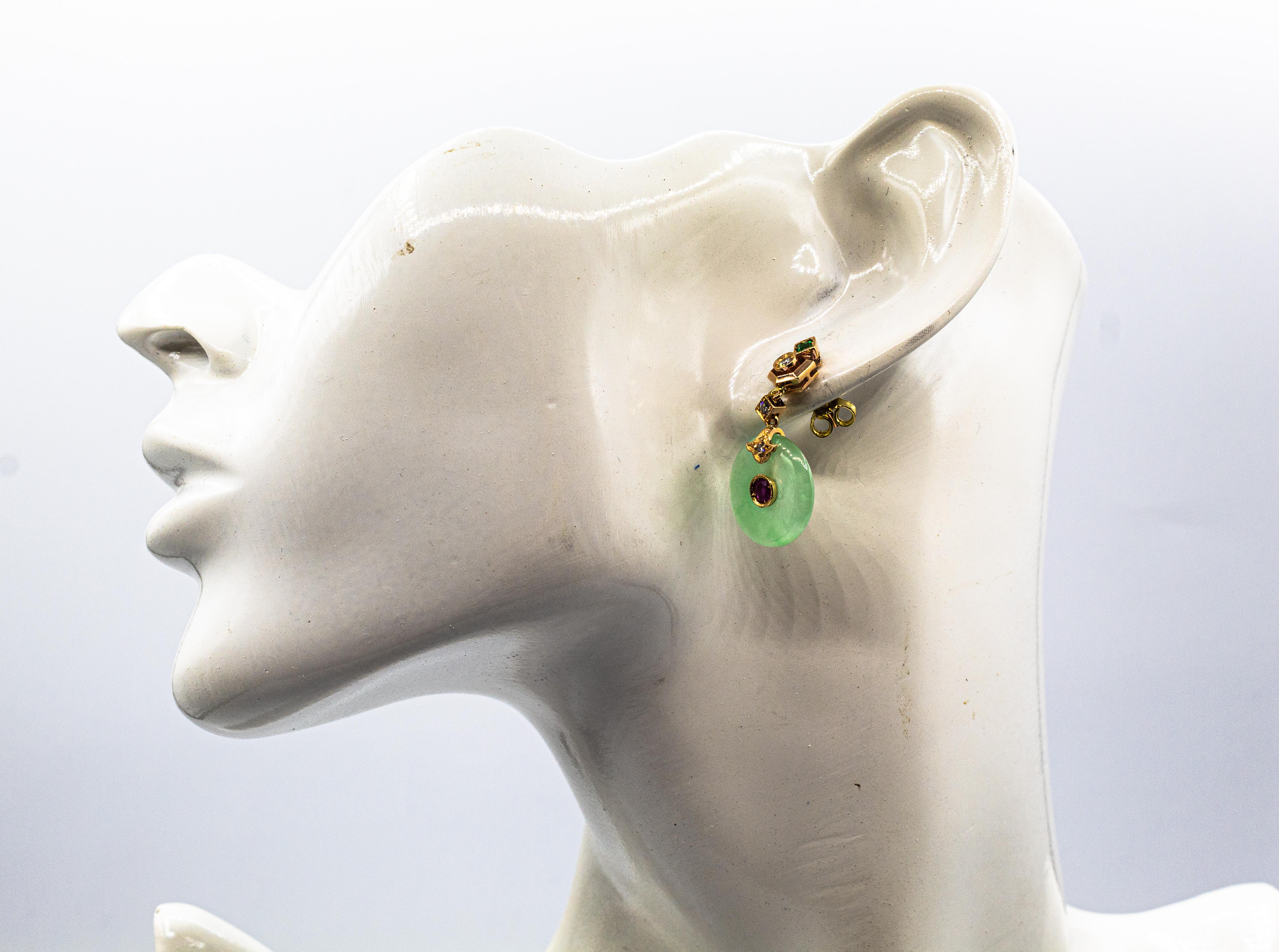 Art Deco Style White Diamond Ruby Emerald Jade Yellow Gold Dangle Stud Earrings For Sale 3