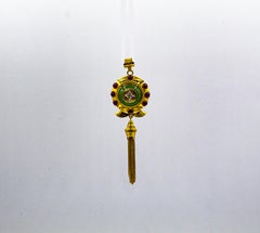 Art Deco Style White Diamond Ruby Jade Yellow Gold Pendant Necklace