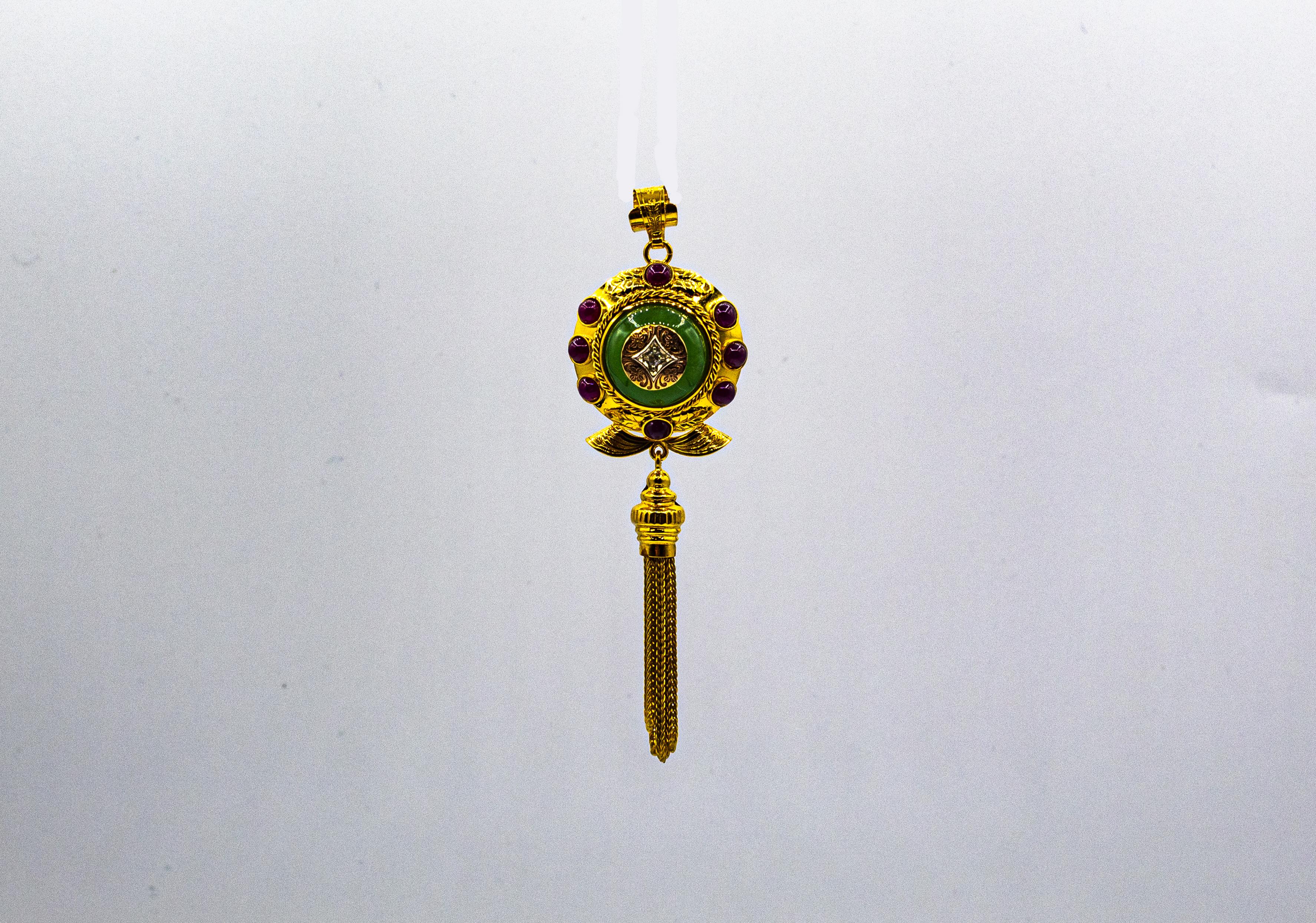 Collar Colgante de Oro Amarillo Estilo Art Decó Diamante Blanco Rubí Jade Cabujón en venta