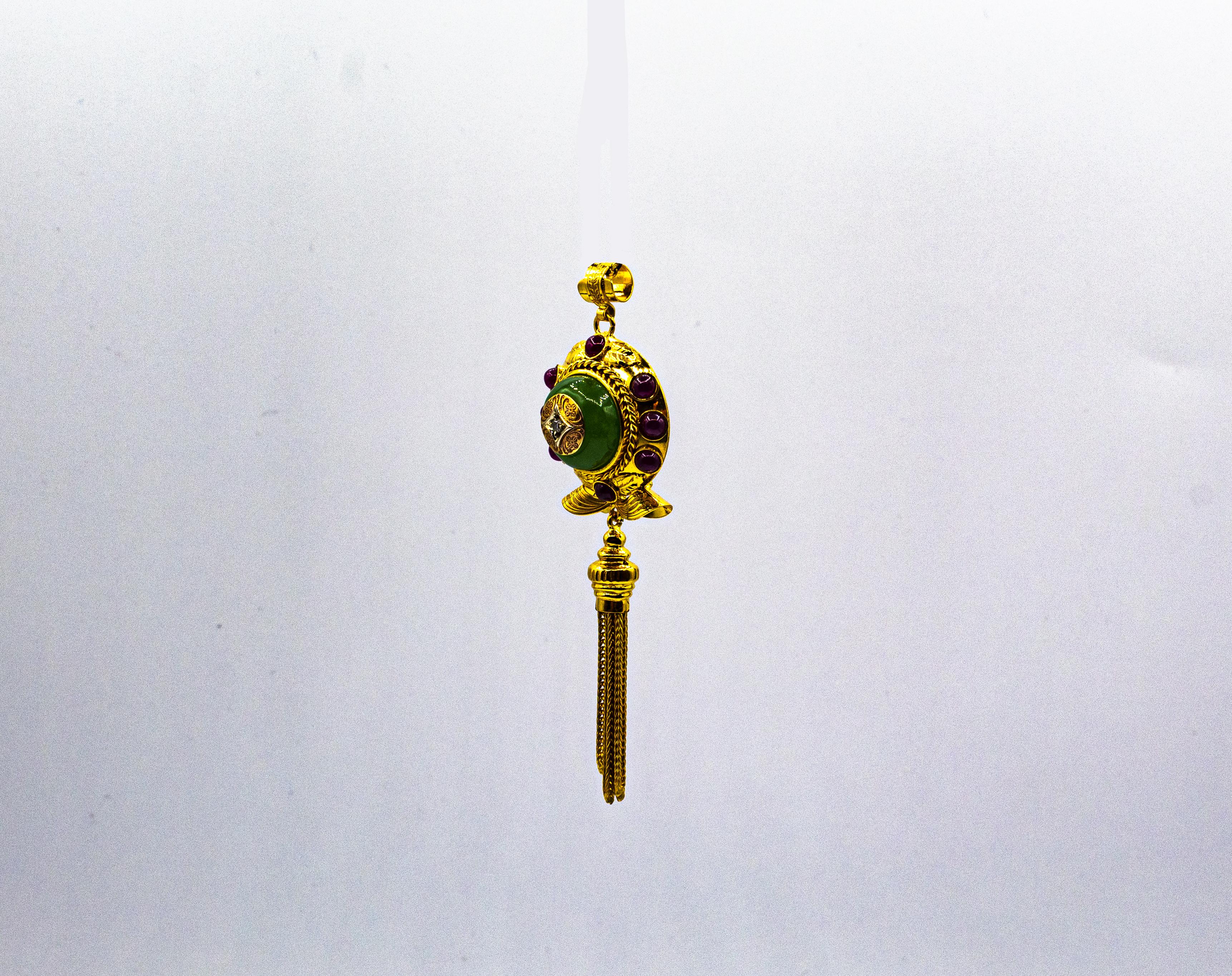 Femenino o masculino Collar Colgante de Oro Amarillo Estilo Art Decó Diamante Blanco Rubí Jade en venta