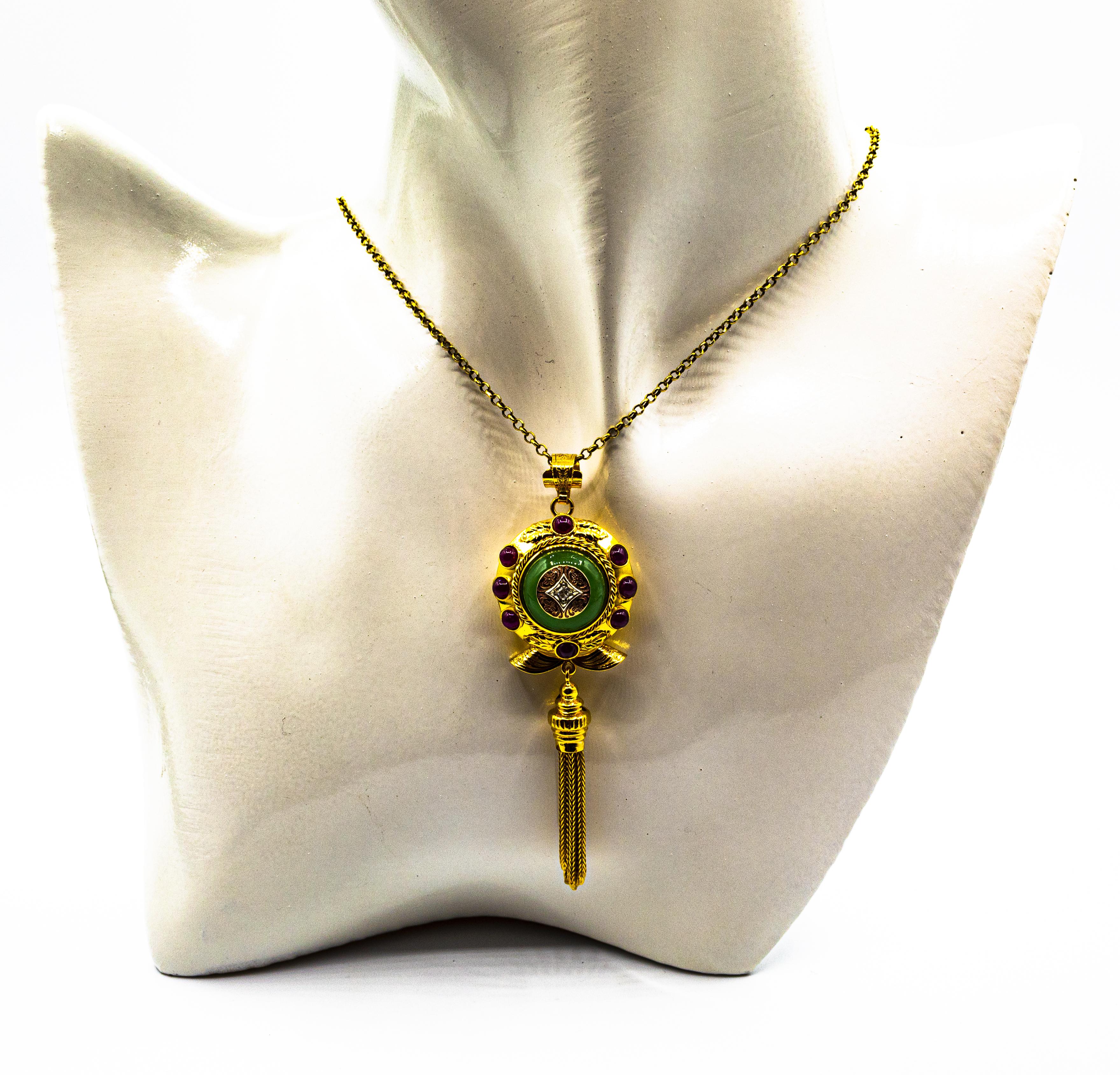 Women's or Men's Art Deco Style White Diamond Ruby Jade Yellow Gold Pendant Necklace