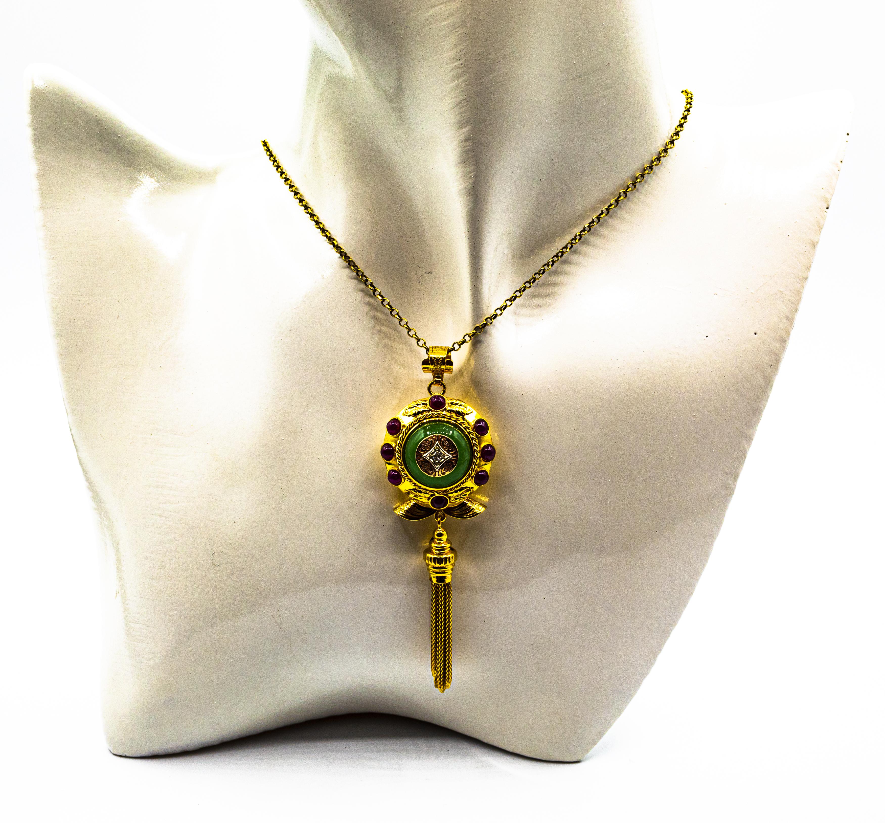 Art Deco Style White Diamond Ruby Jade Yellow Gold Pendant Necklace 1