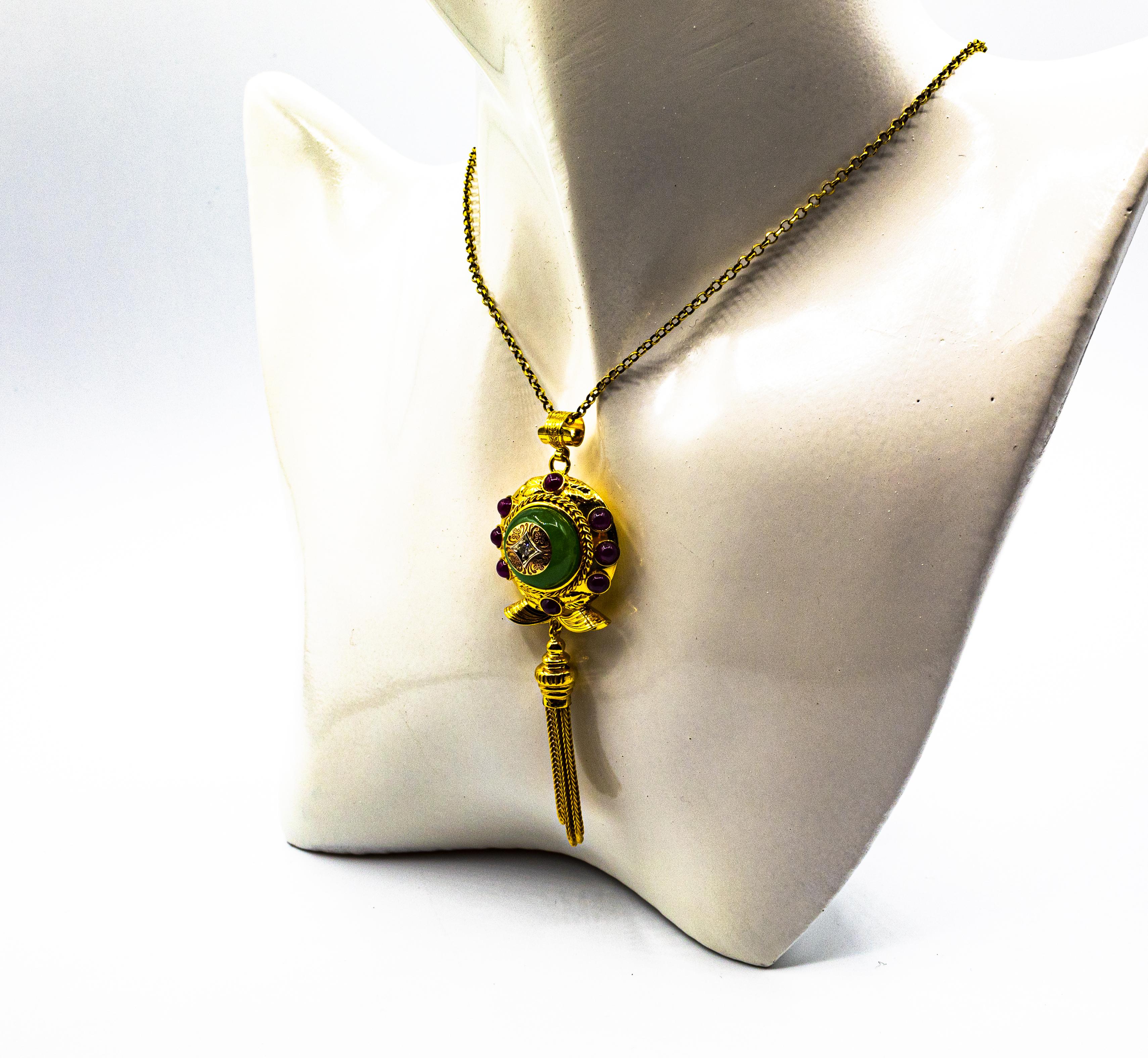 Collar Colgante de Oro Amarillo Estilo Art Decó Diamante Blanco Rubí Jade en venta 3