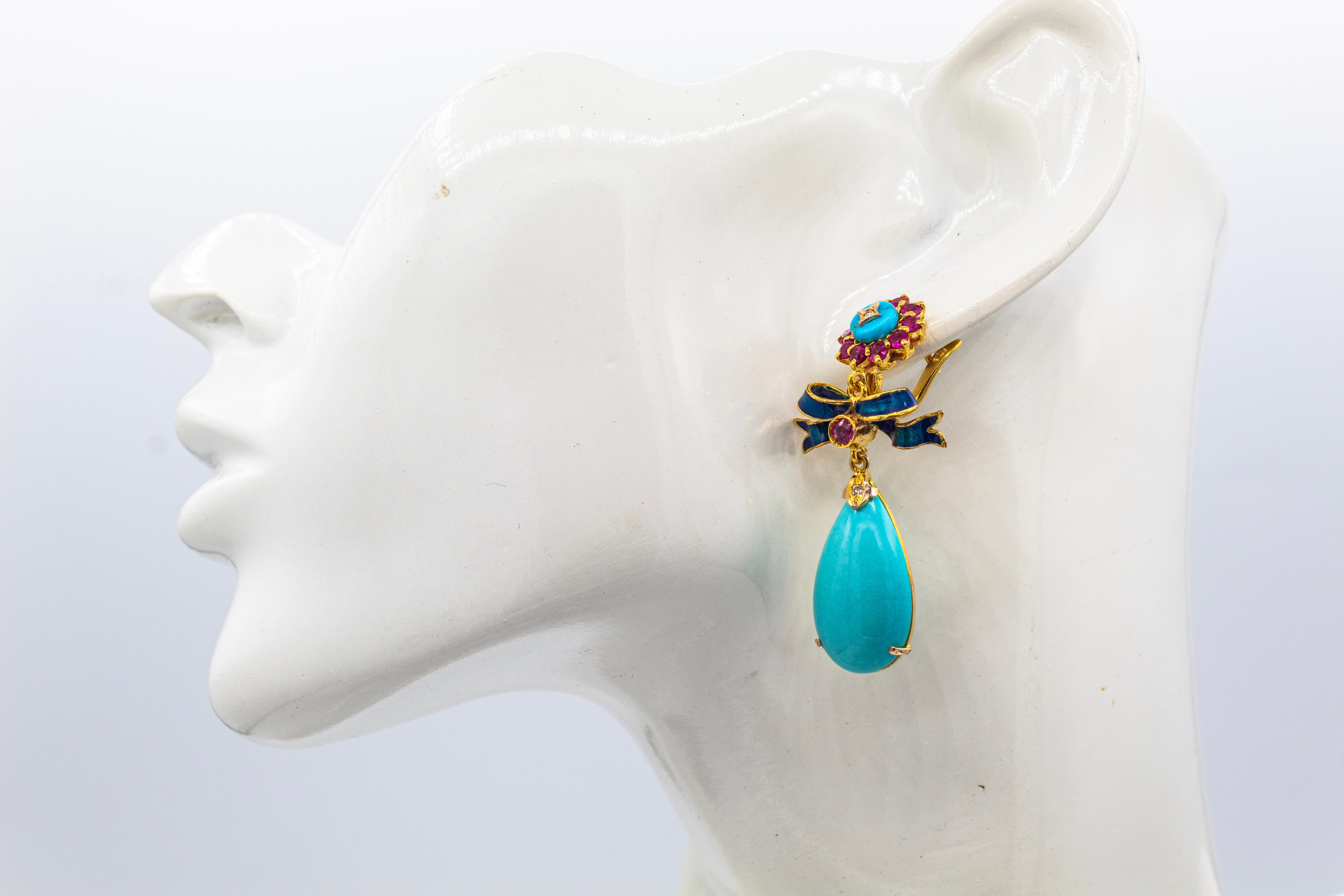 Orecchini a goccia in oro giallo con diamante bianco, rubino e turchese naturale, in stile Art Deco in vendita 4