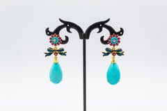 Orecchini a goccia in oro giallo con diamante bianco, rubino e turchese naturale, in stile Art Deco