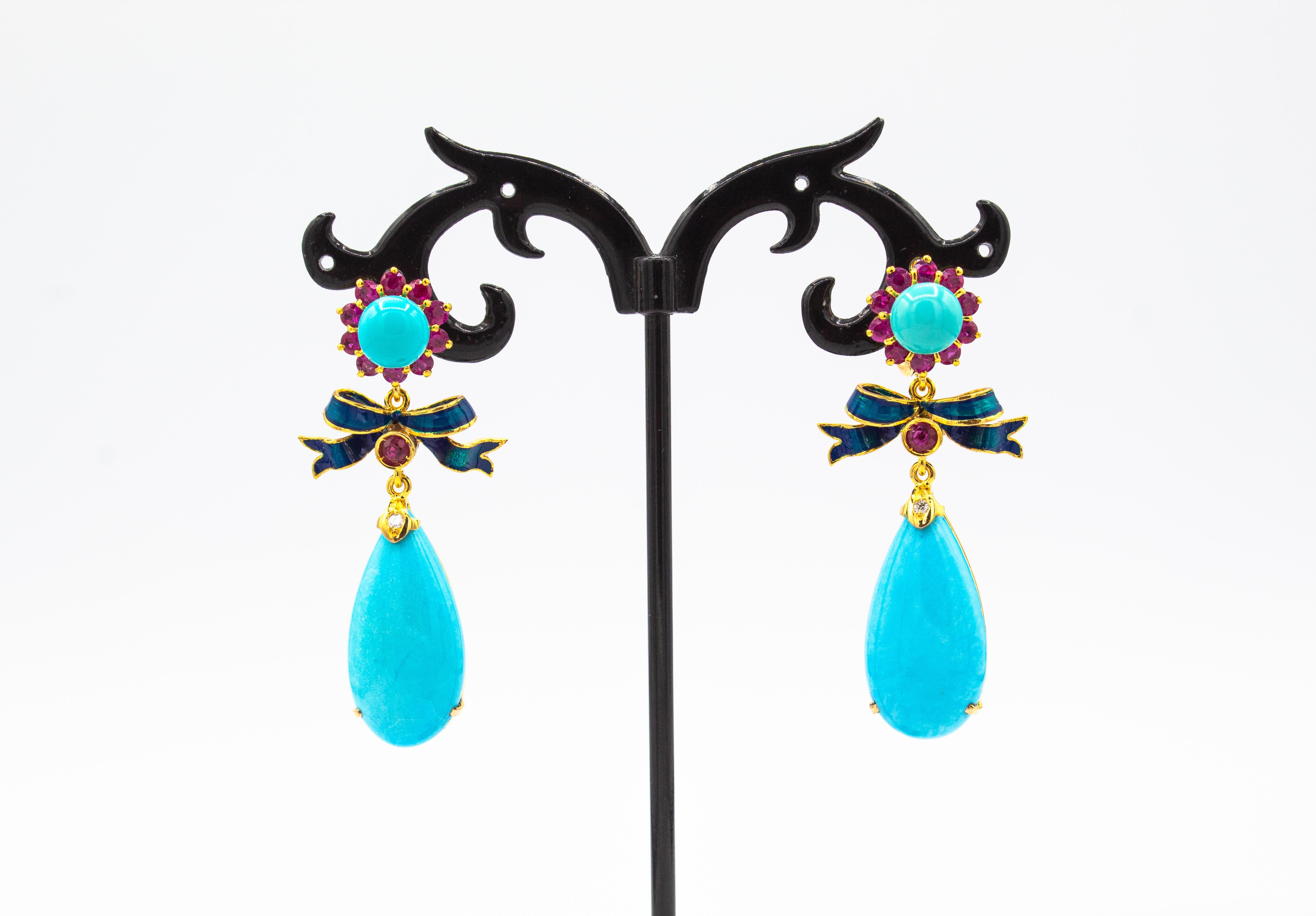 Brilliant Cut Art Deco Style White Diamond Ruby Natural Turquoise Yellow Gold Drop Earrings For Sale