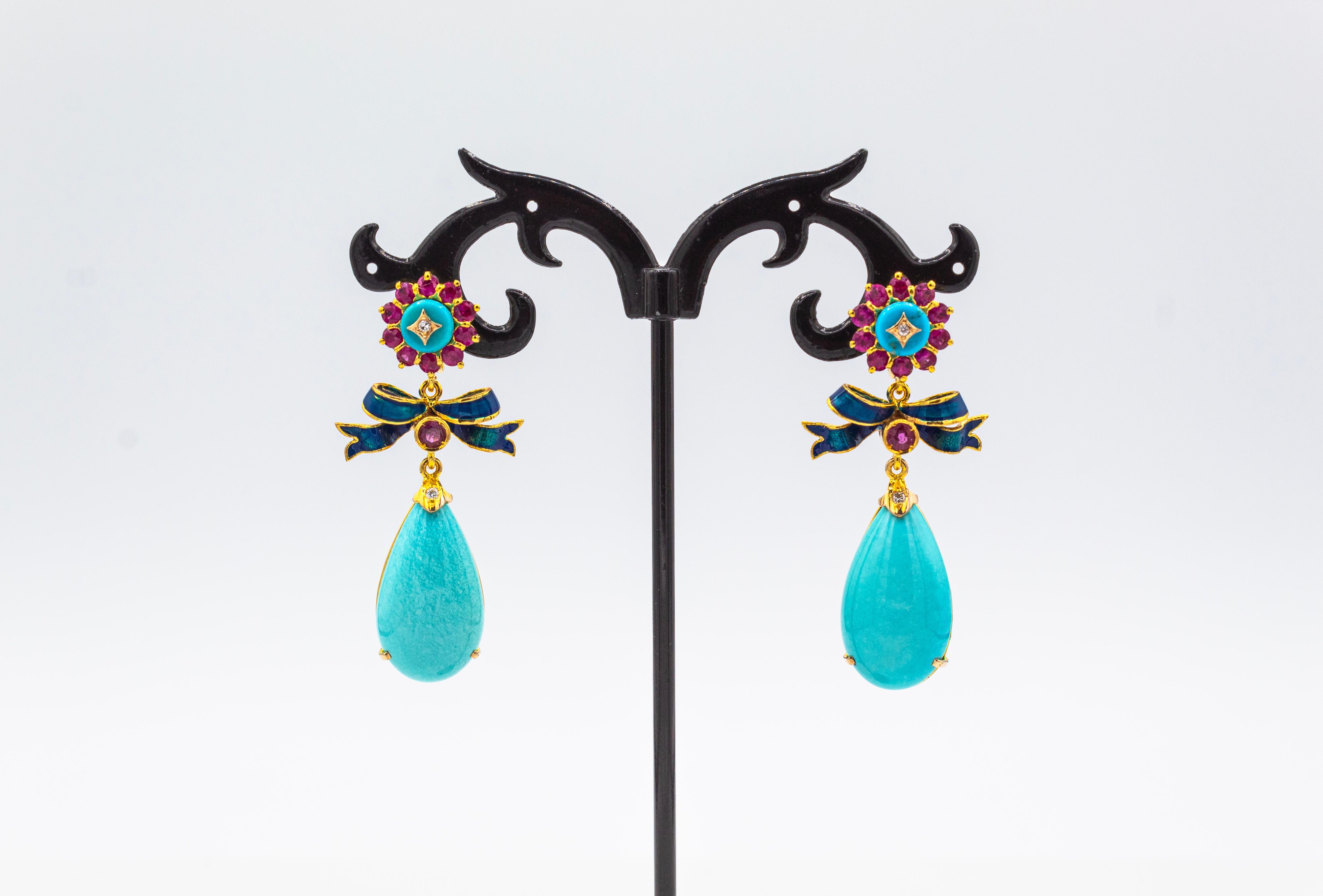 Art Déco Orecchini a goccia in oro giallo con diamante bianco, rubino e turchese naturale, in stile Art Deco in vendita