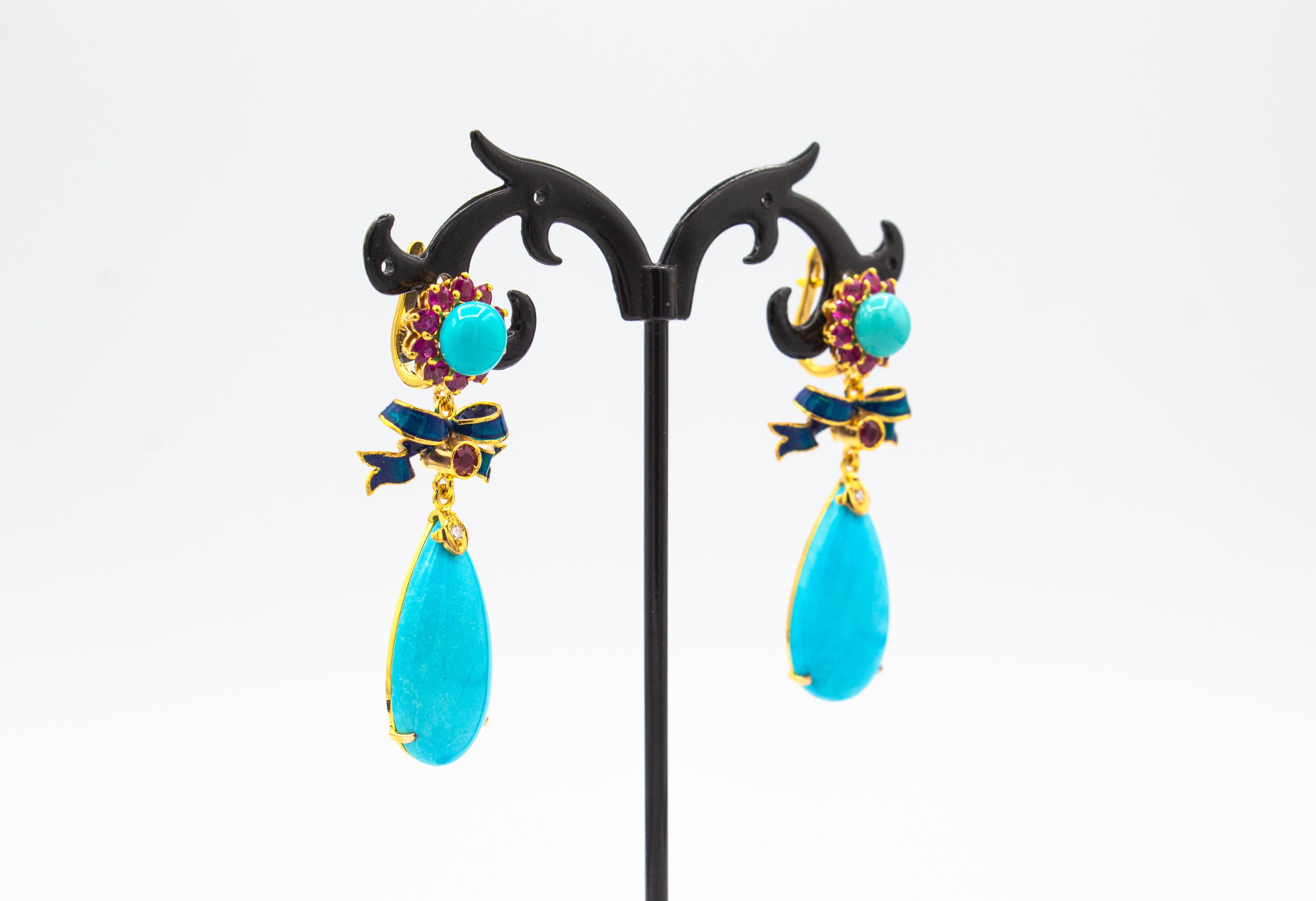 Art Deco Style White Diamond Ruby Natural Turquoise Yellow Gold Drop Earrings In New Condition For Sale In Naples, IT