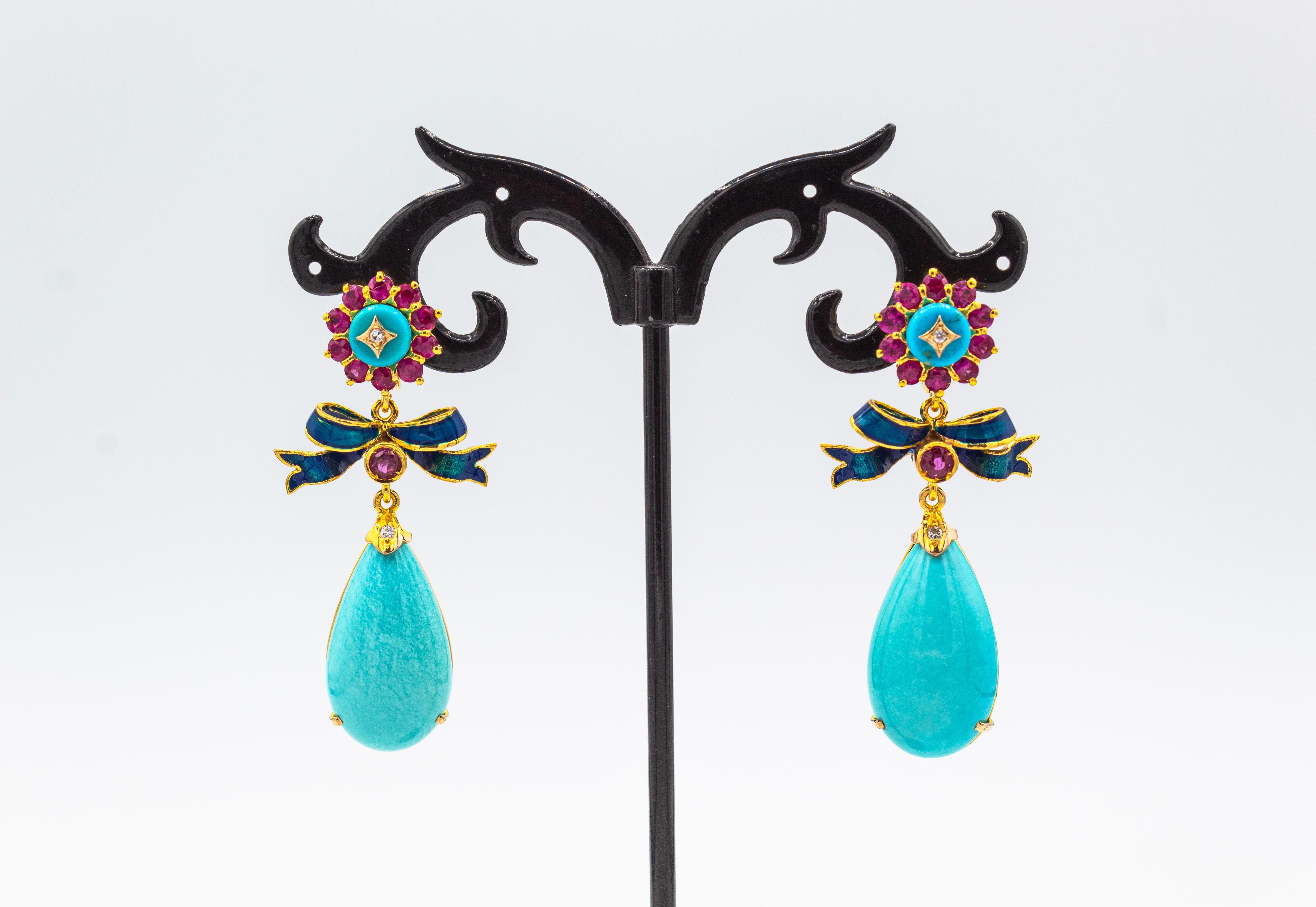 Taglio brillante Orecchini a goccia in oro giallo con diamante bianco, rubino e turchese naturale, in stile Art Deco in vendita