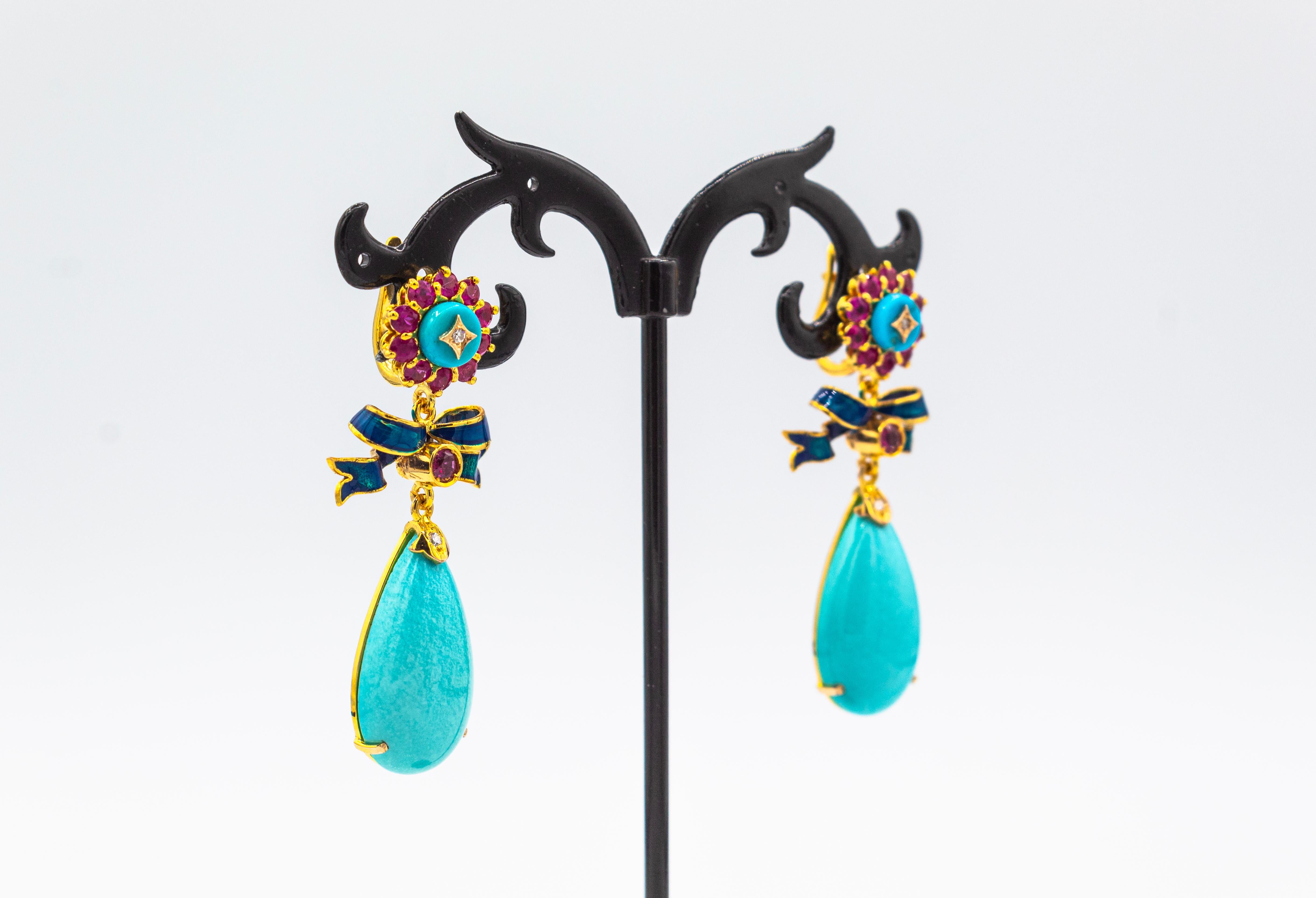 Orecchini a goccia in oro giallo con diamante bianco, rubino e turchese naturale, in stile Art Deco In condizioni Nuovo in vendita a Naples, IT