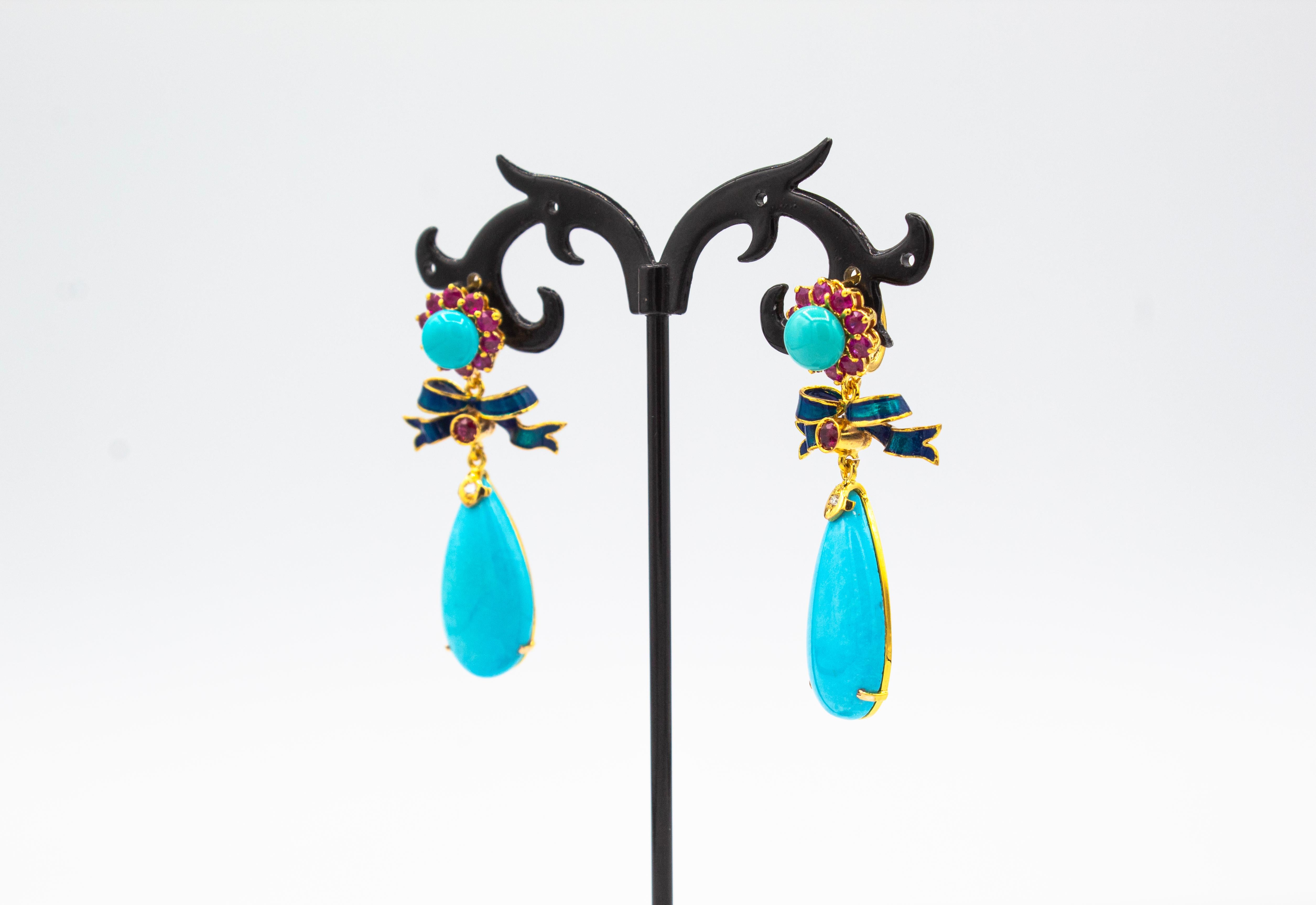 Art Deco Style White Diamond Ruby Natural Turquoise Yellow Gold Drop Earrings For Sale 1
