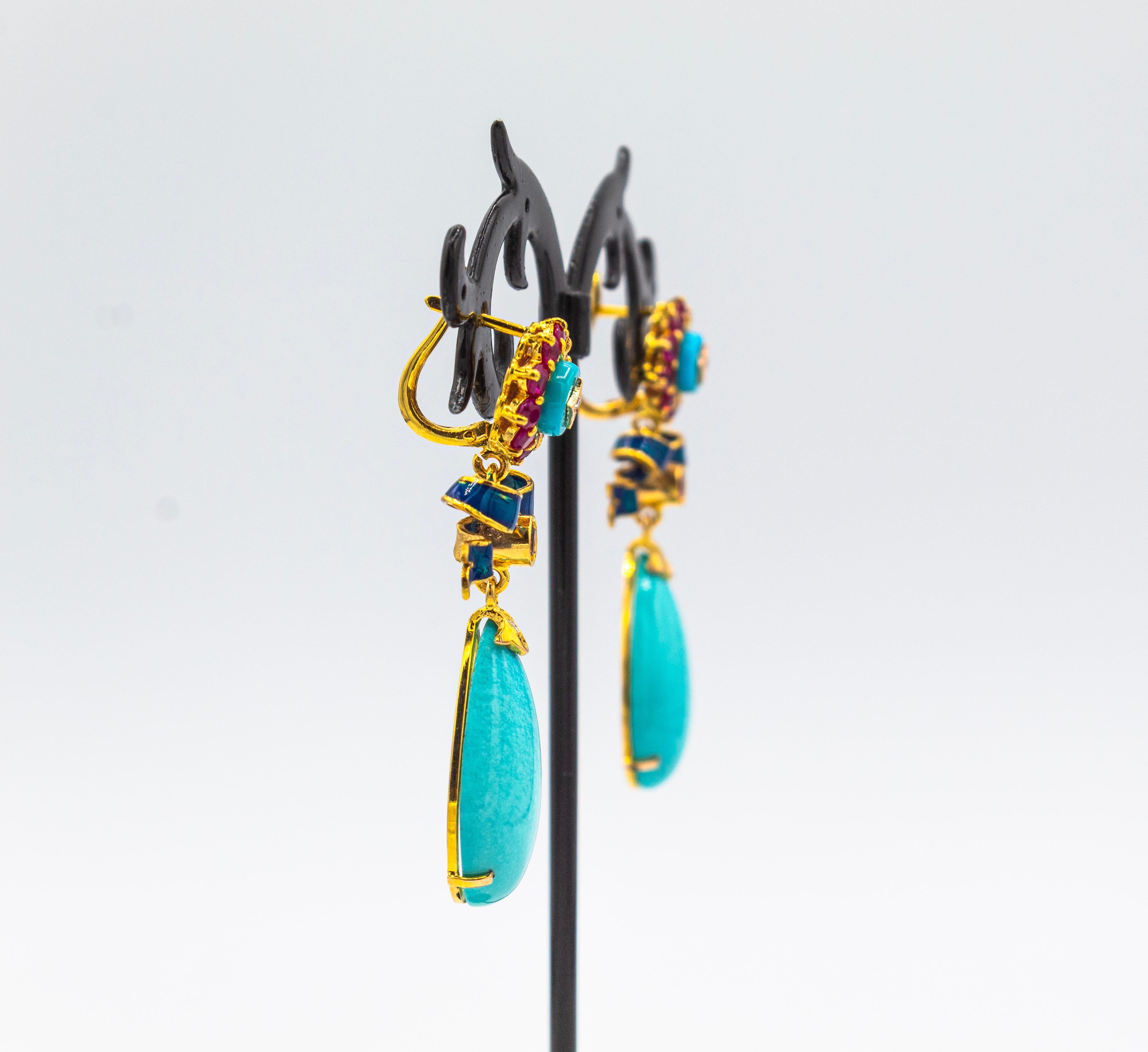 da uomo o donna Orecchini a goccia in oro giallo con diamante bianco, rubino e turchese naturale, in stile Art Deco in vendita