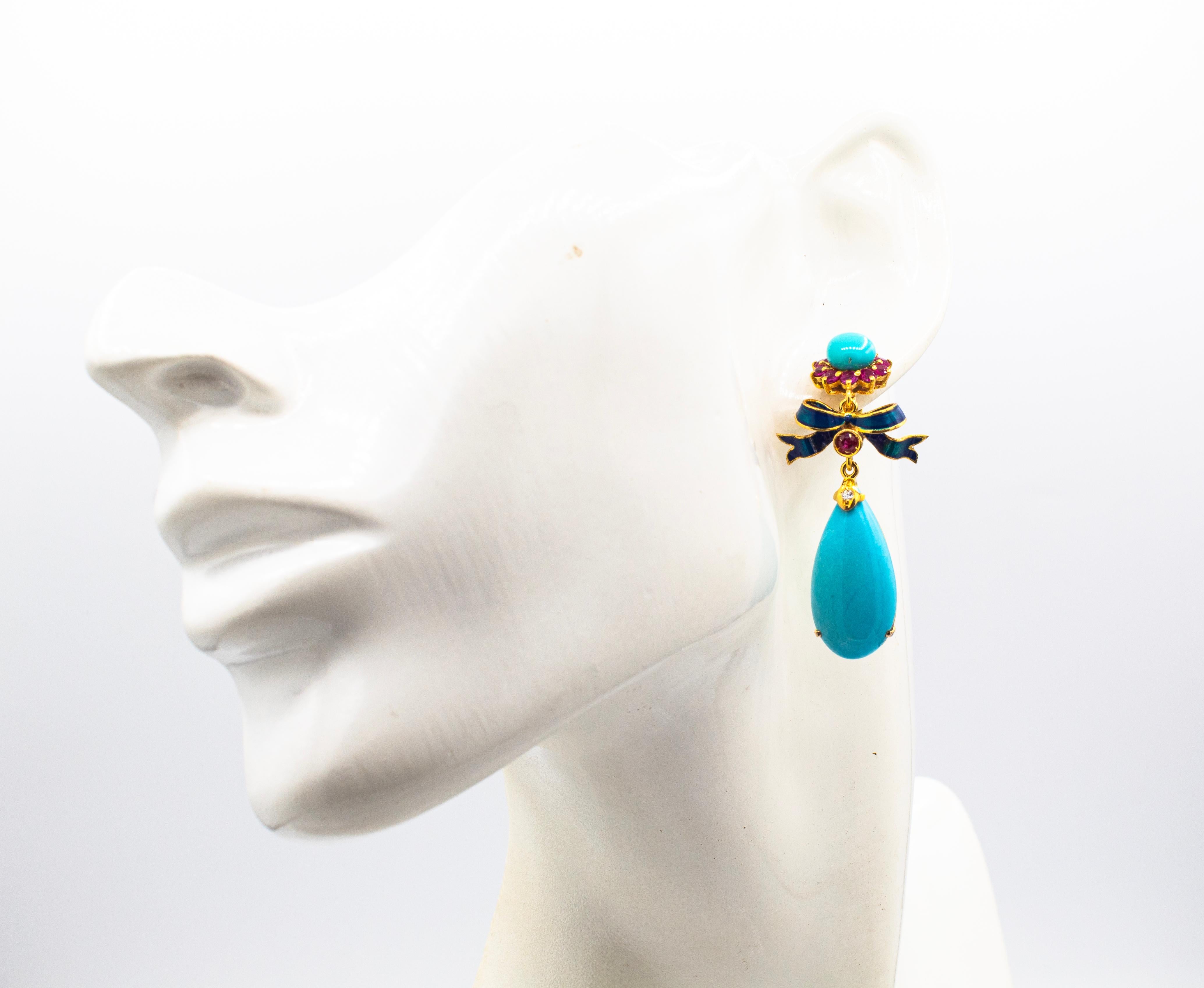 Art Deco Style White Diamond Ruby Natural Turquoise Yellow Gold Drop Earrings For Sale 2