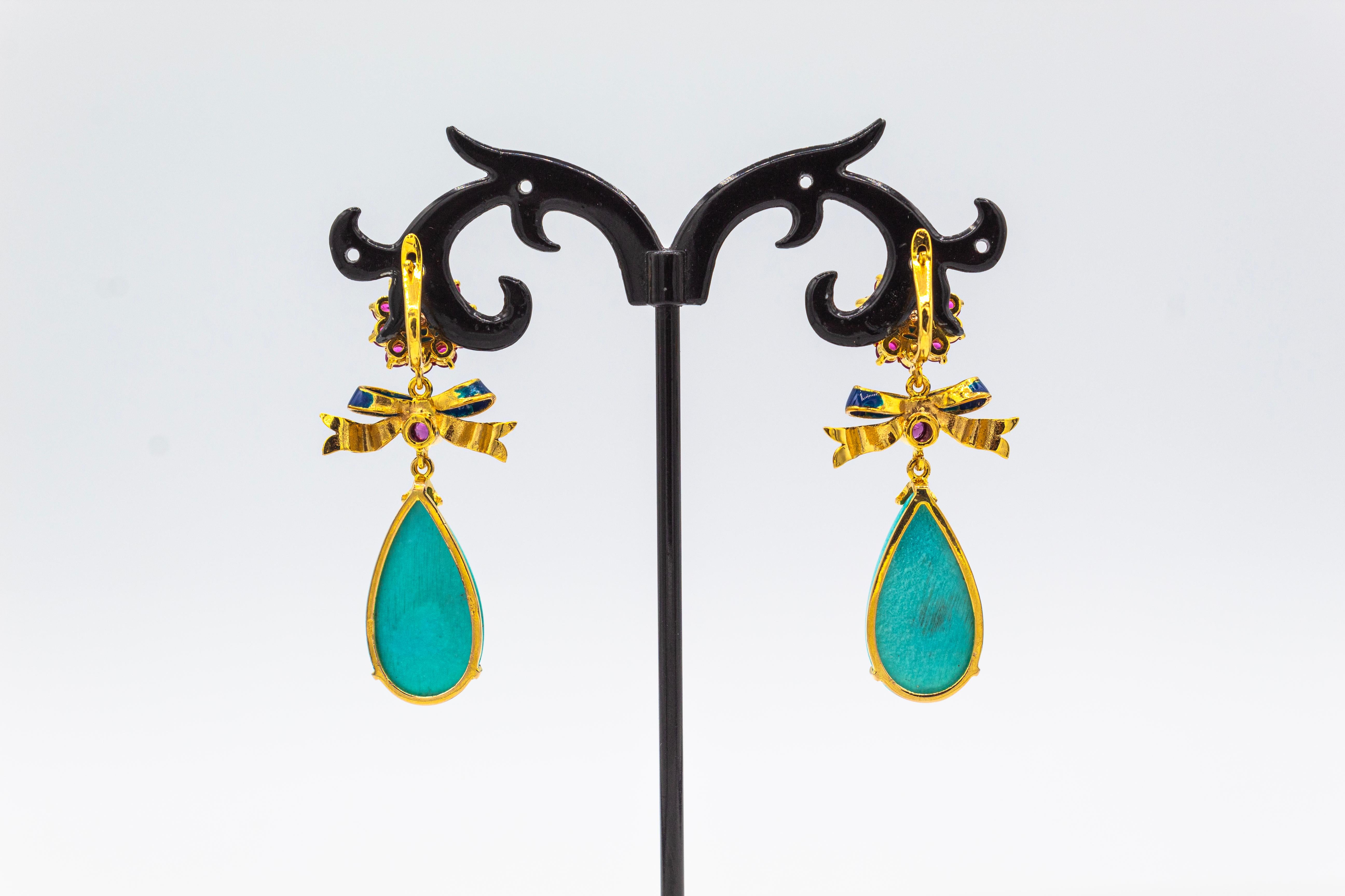 Tropfenohrringe im Art-déco-Stil, weißer Diamant, Rubin, natürlicher Türkis, Gelbgold im Angebot 1