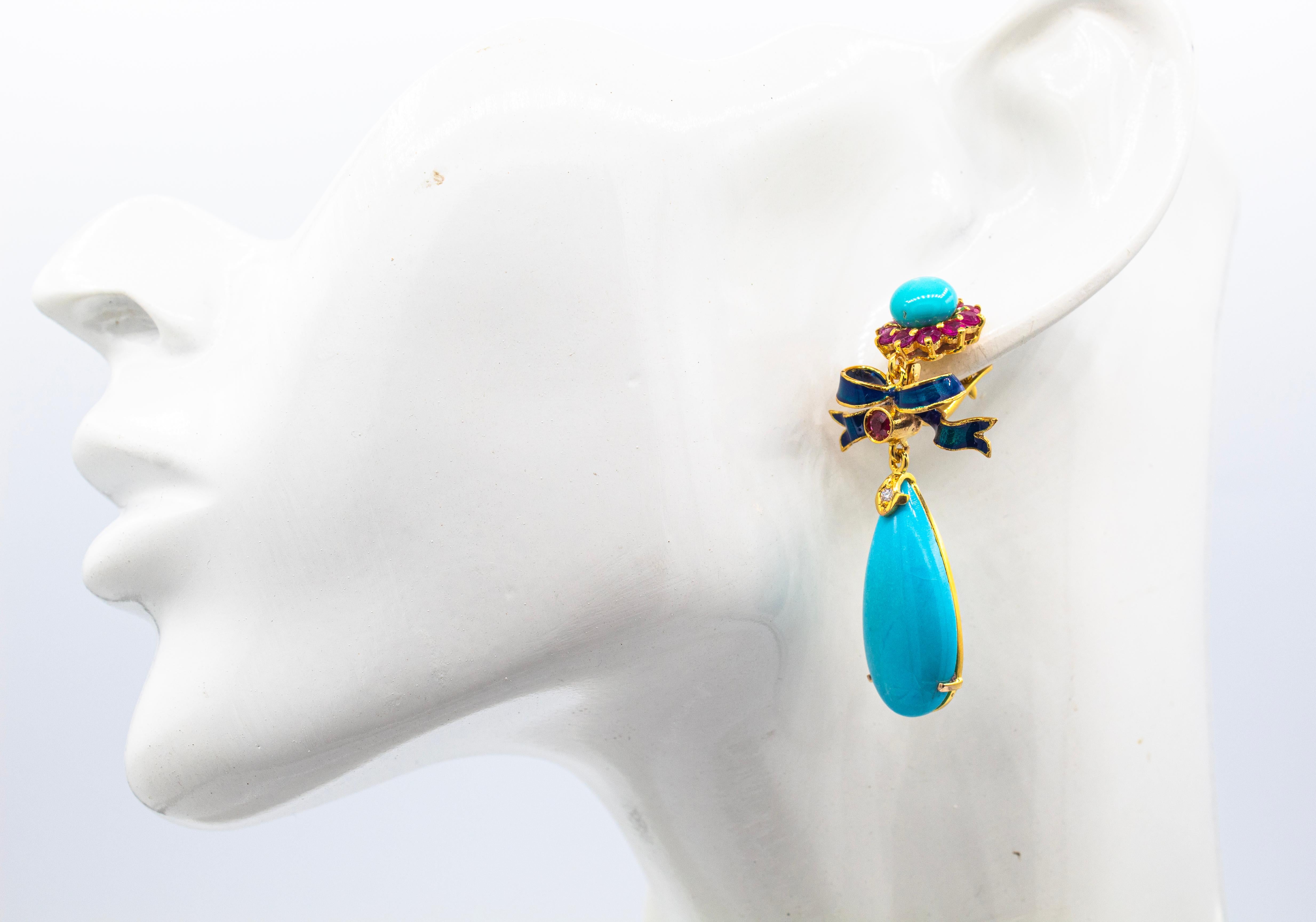 Art Deco Style White Diamond Ruby Natural Turquoise Yellow Gold Drop Earrings For Sale 3