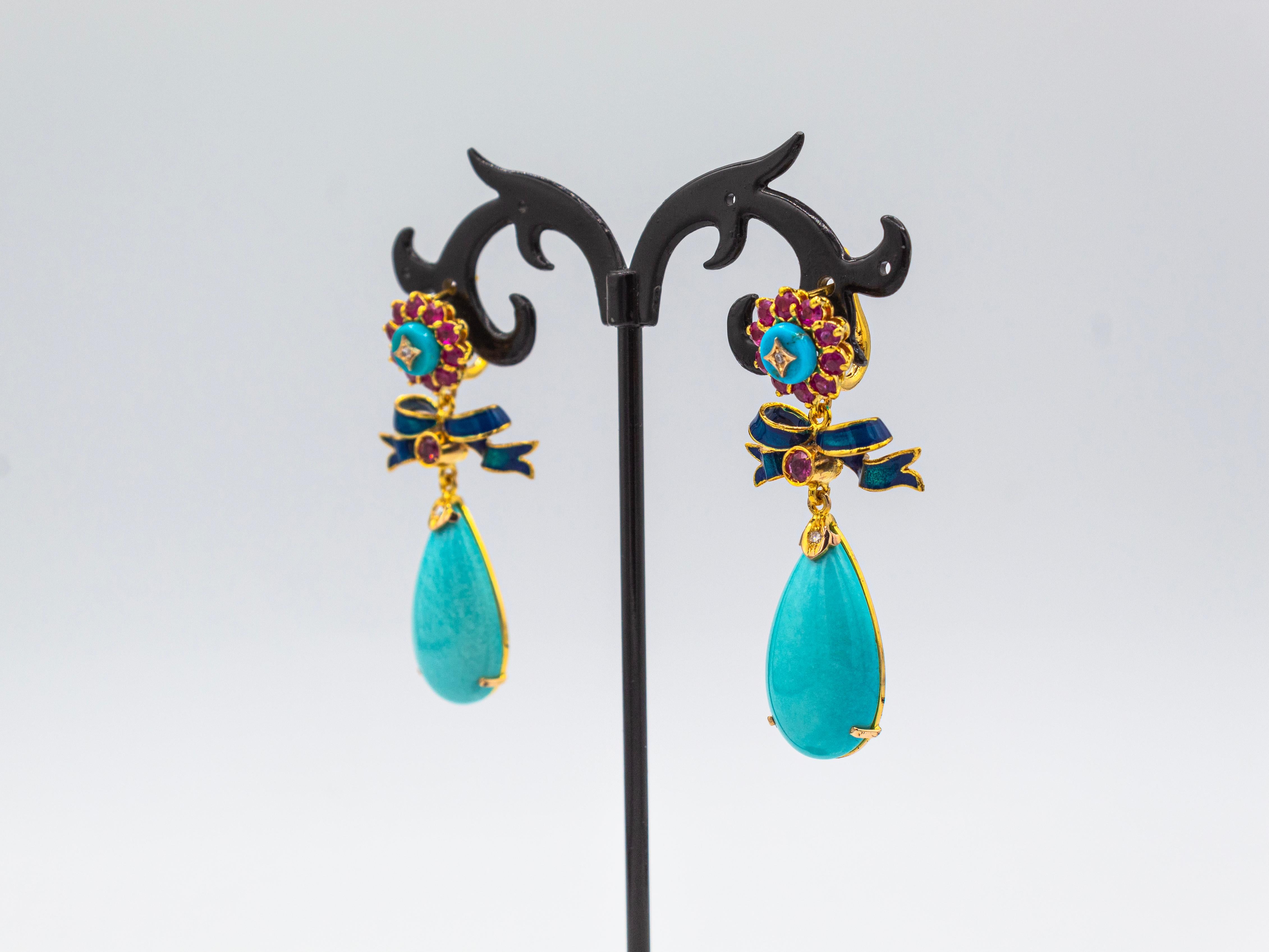 Orecchini a goccia in oro giallo con diamante bianco, rubino e turchese naturale, in stile Art Deco in vendita 2