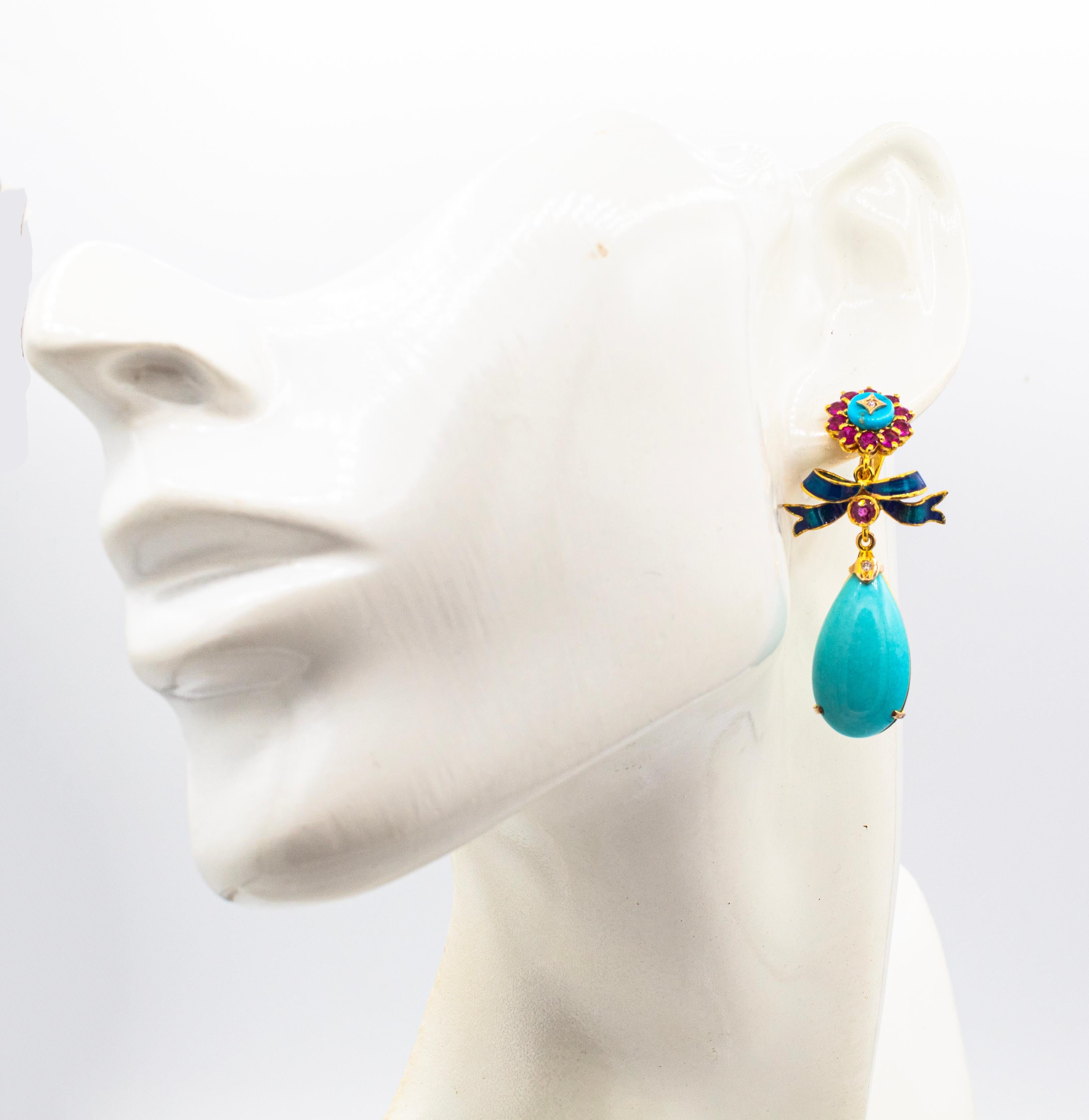 Orecchini a goccia in oro giallo con diamante bianco, rubino e turchese naturale, in stile Art Deco in vendita 3