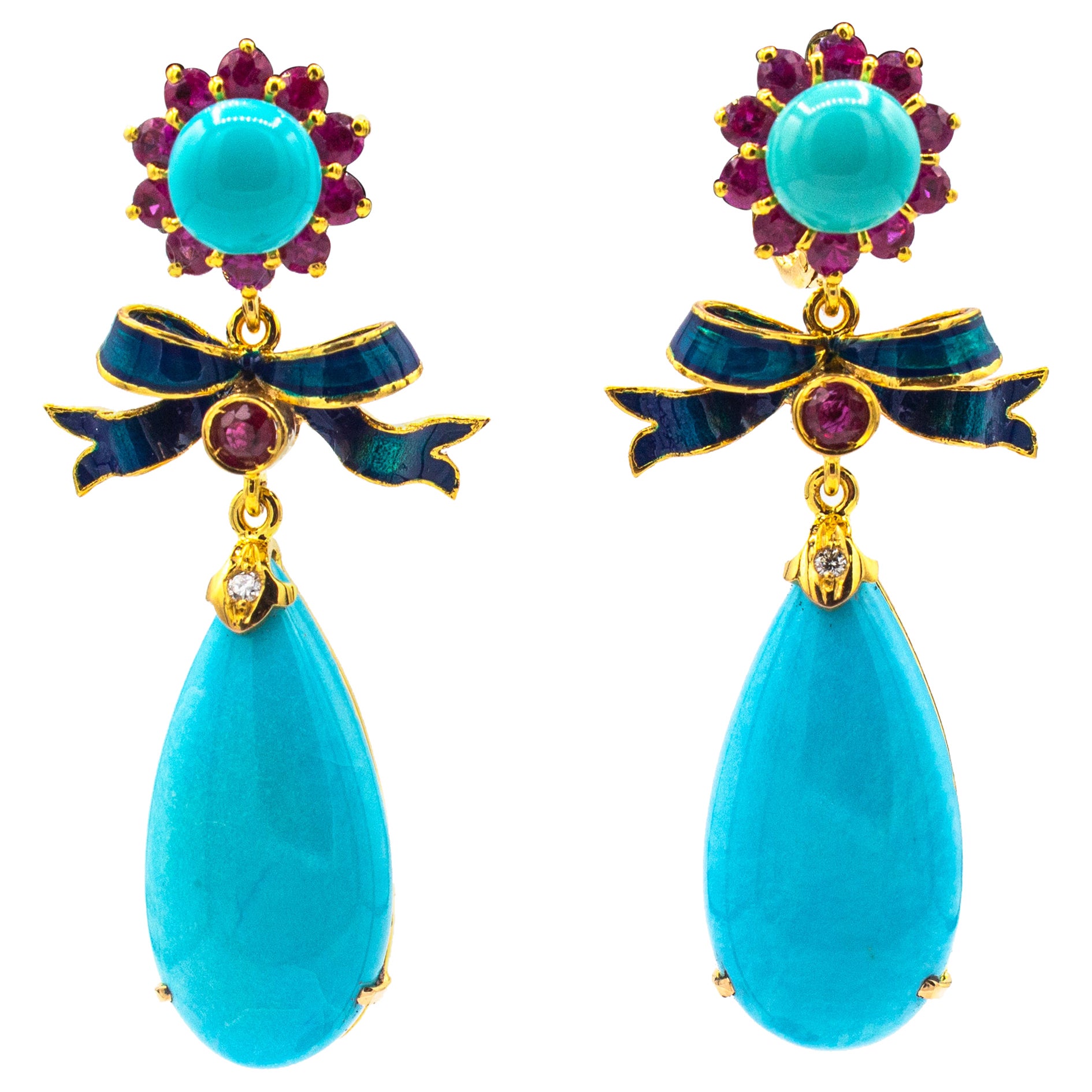 Orecchini a goccia in oro giallo con diamante bianco, rubino e turchese naturale, in stile Art Deco