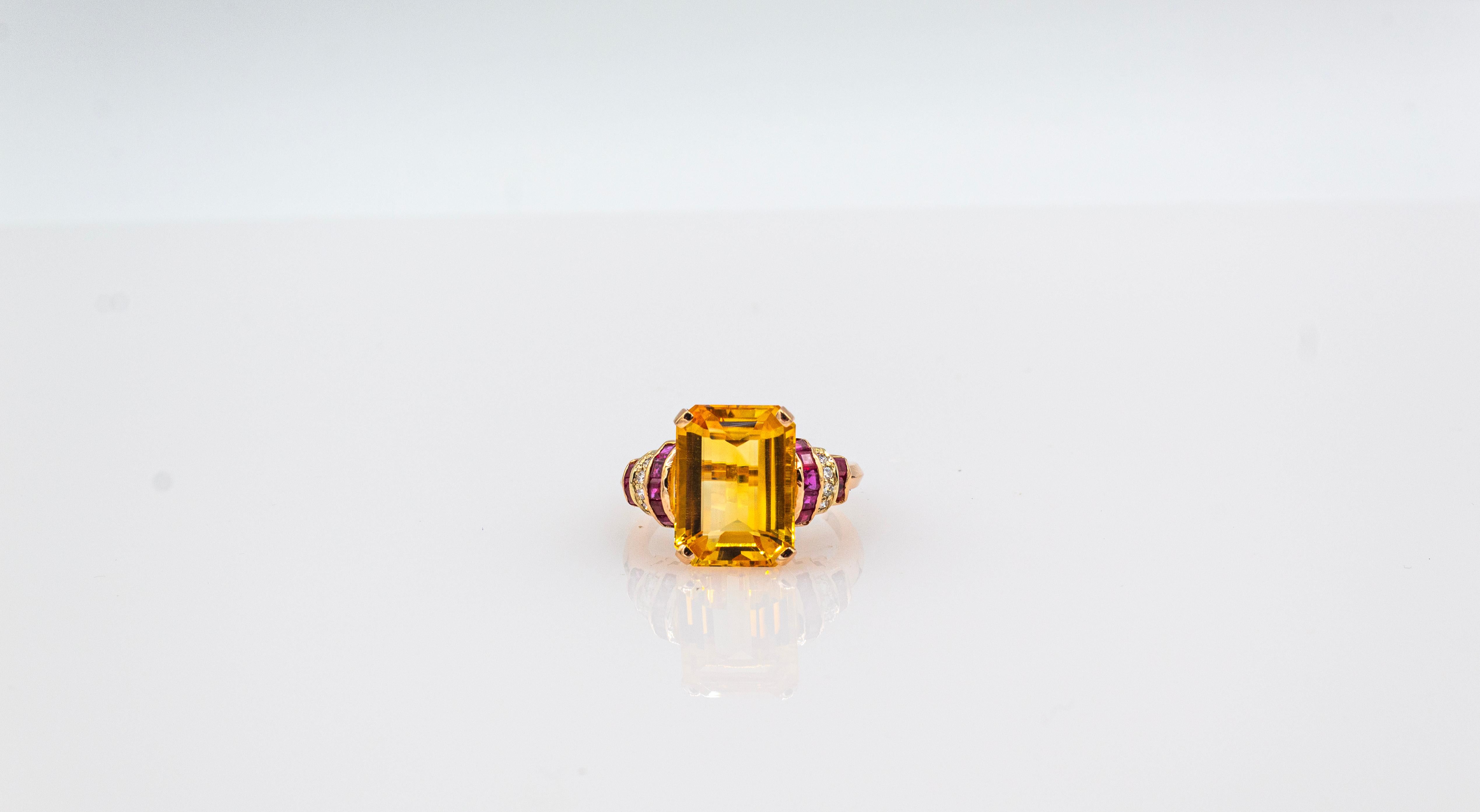 Art Deco Style White Diamond Ruby Octagon Cut Citrine Yellow Gold Cocktail Ring 6