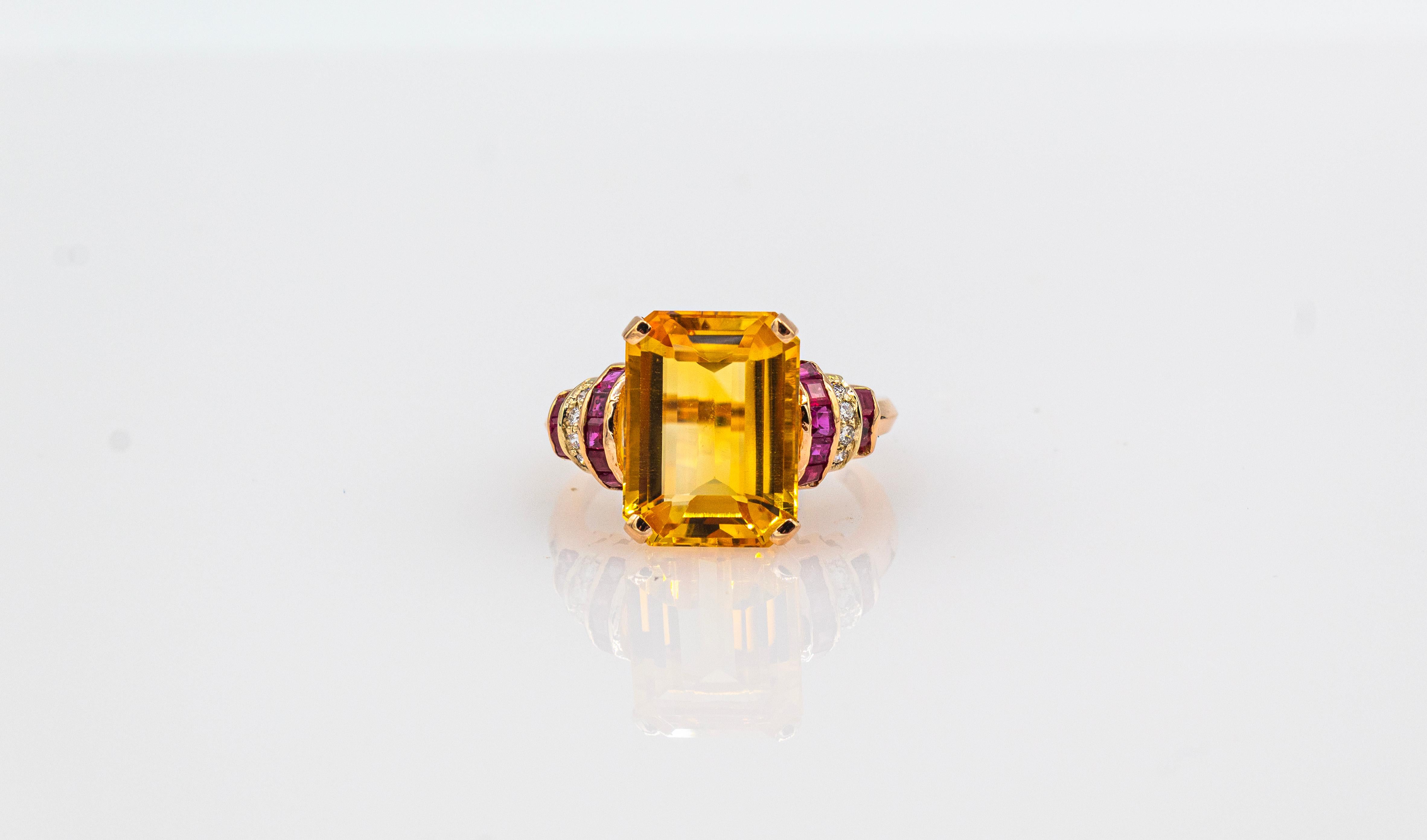 Art Deco Style White Diamond Ruby Octagon Cut Citrine Yellow Gold Cocktail Ring For Sale 7
