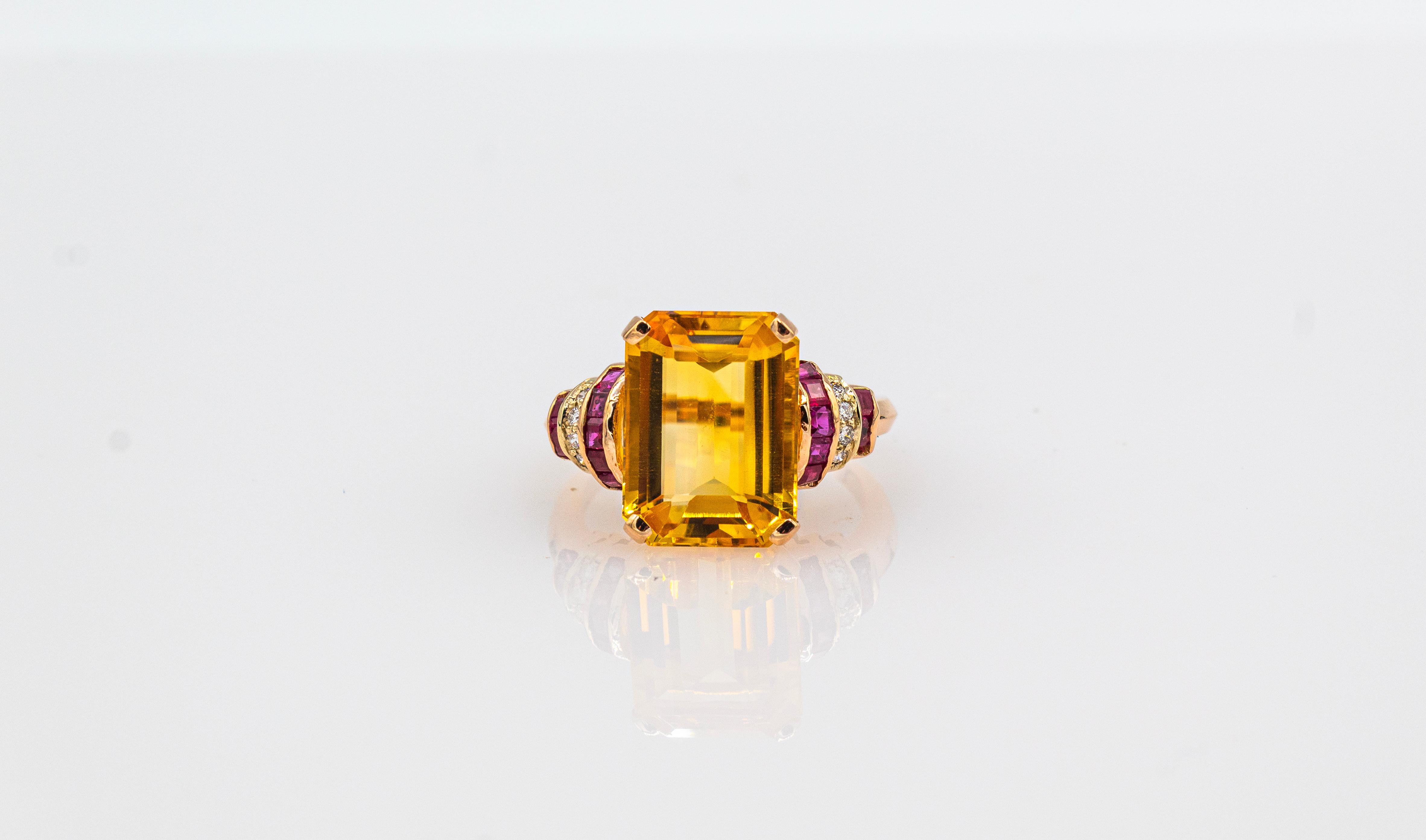 Art Deco Style White Diamond Ruby Octagon Cut Citrine Yellow Gold Cocktail Ring 7